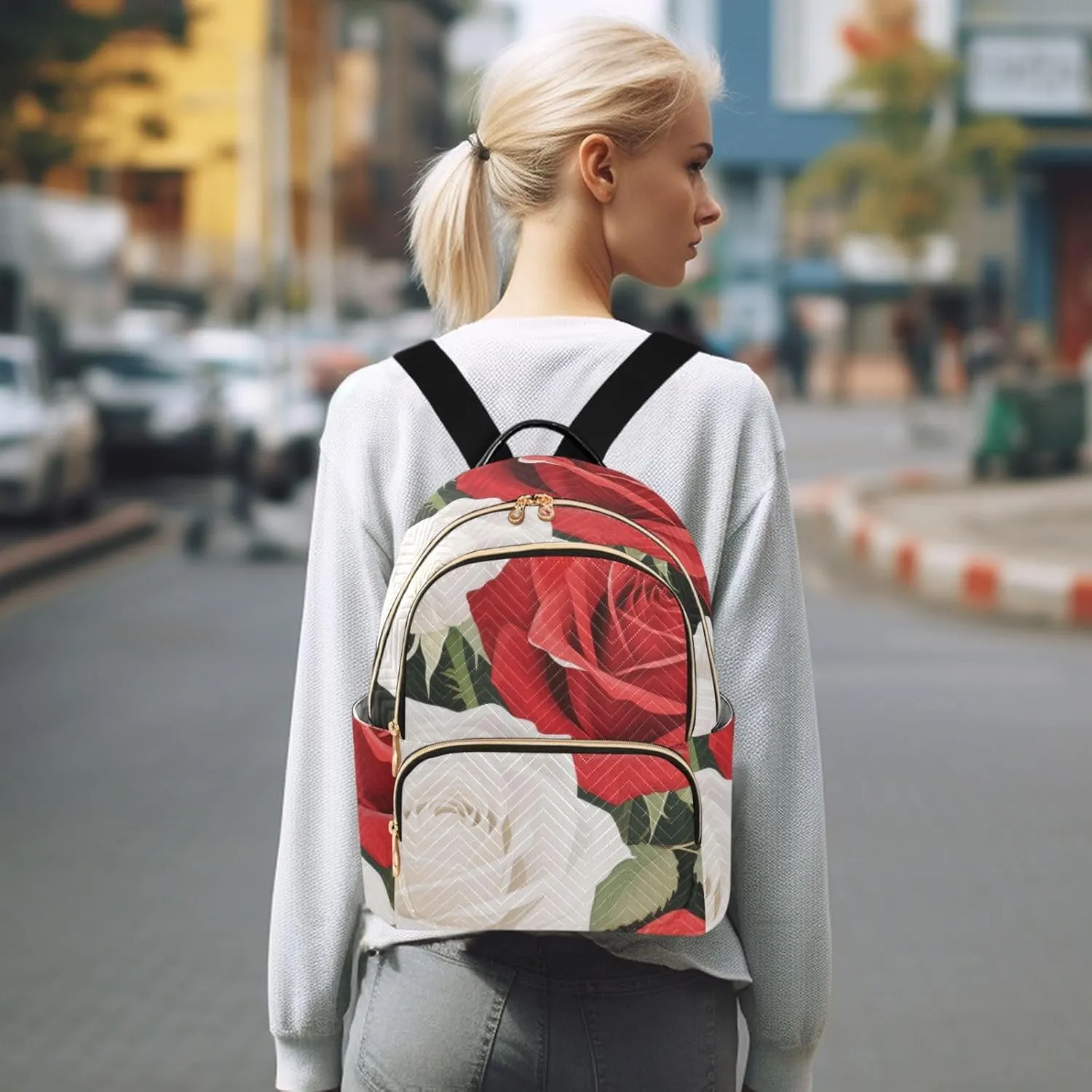 Mini Backpack Quilted Purse for Womens Small Backpack Daypack Rose Pattern for Travel Daily Camping,Multi1