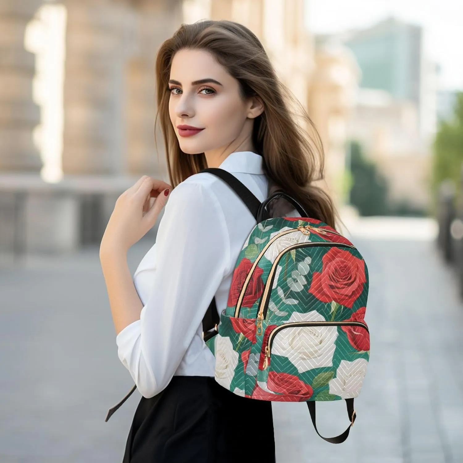 Mini Backpack Quilted Purse for Womens Small Backpack Daypack Rose Pattern for Travel Daily Office,Multi1