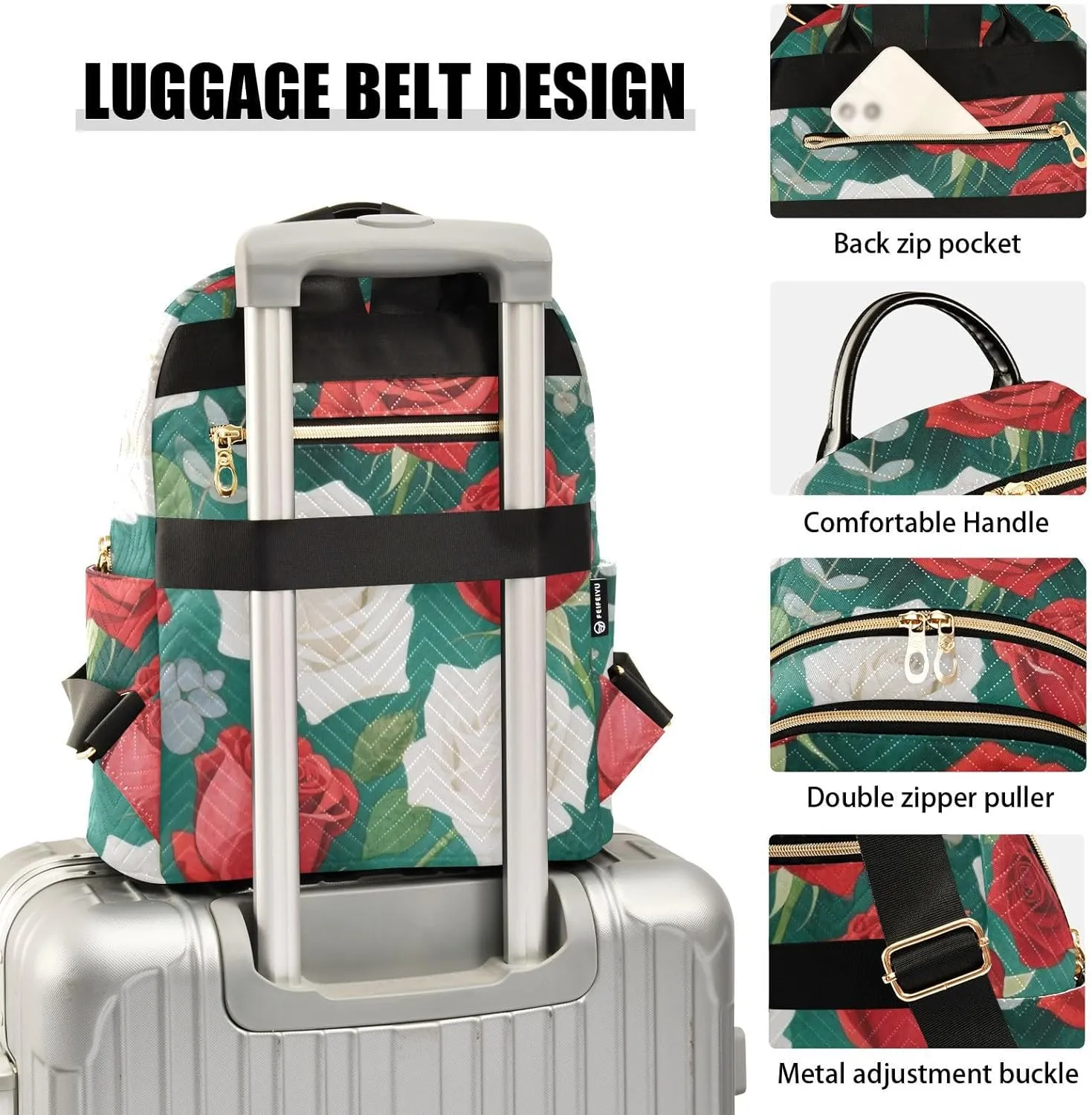 Mini Backpack Quilted Purse for Womens Small Backpack Daypack Rose Pattern for Travel Daily Office,Multi1