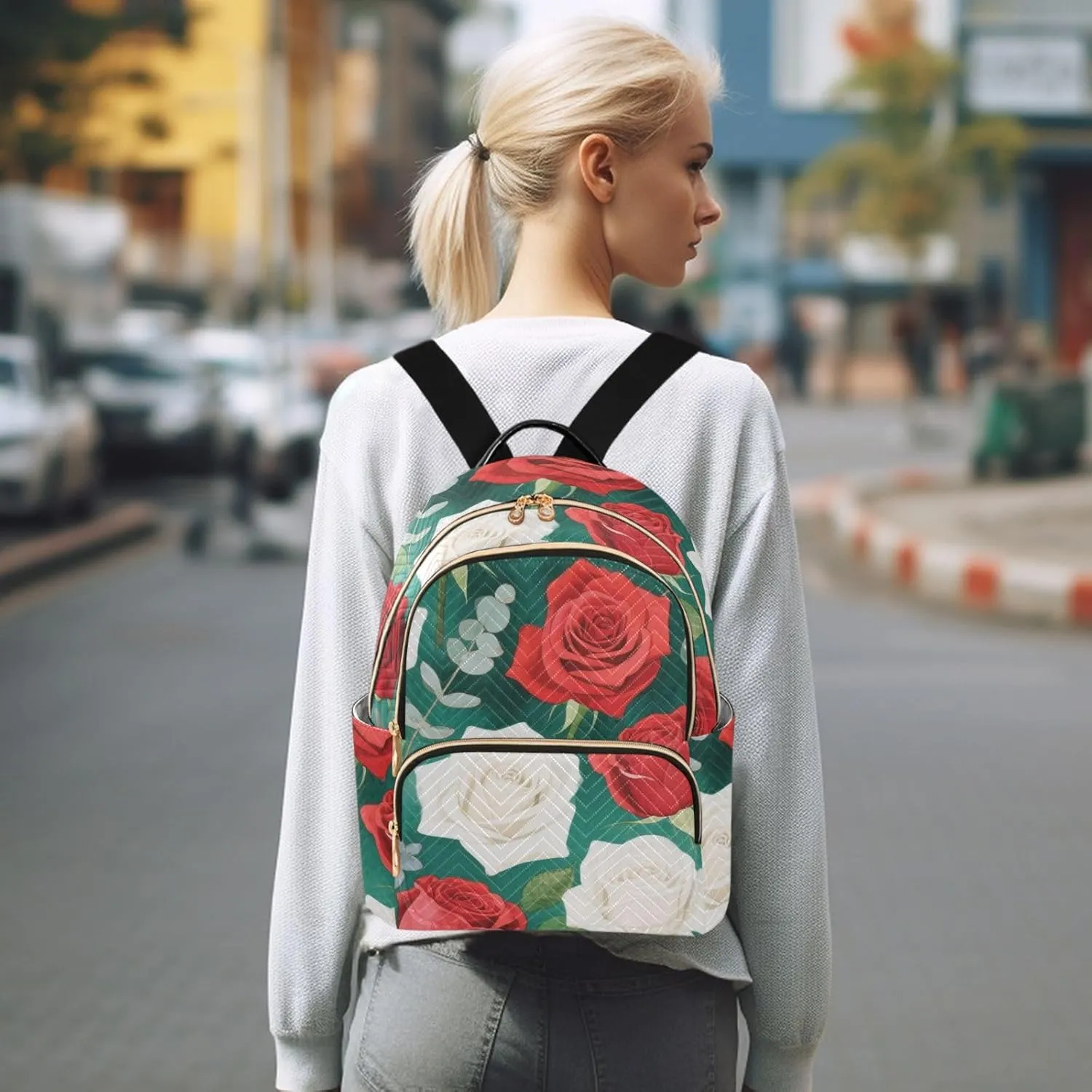 Mini Backpack Quilted Purse for Womens Small Backpack Daypack Rose Pattern for Travel Daily Office,Multi1