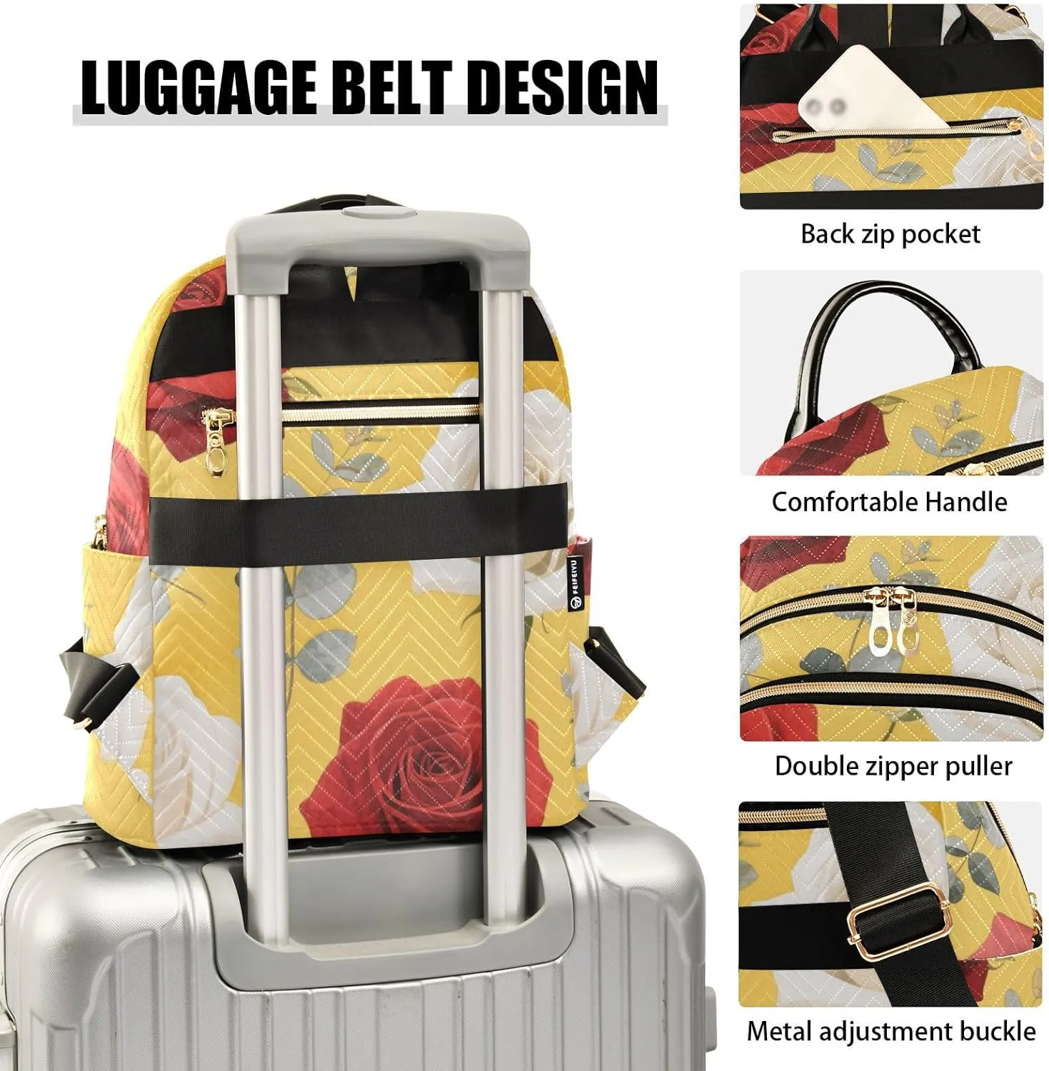 Mini Backpack Quilted Purse for Womens Small Backpack Daypack Rose Pattern for Travel Daily Work,Multi1