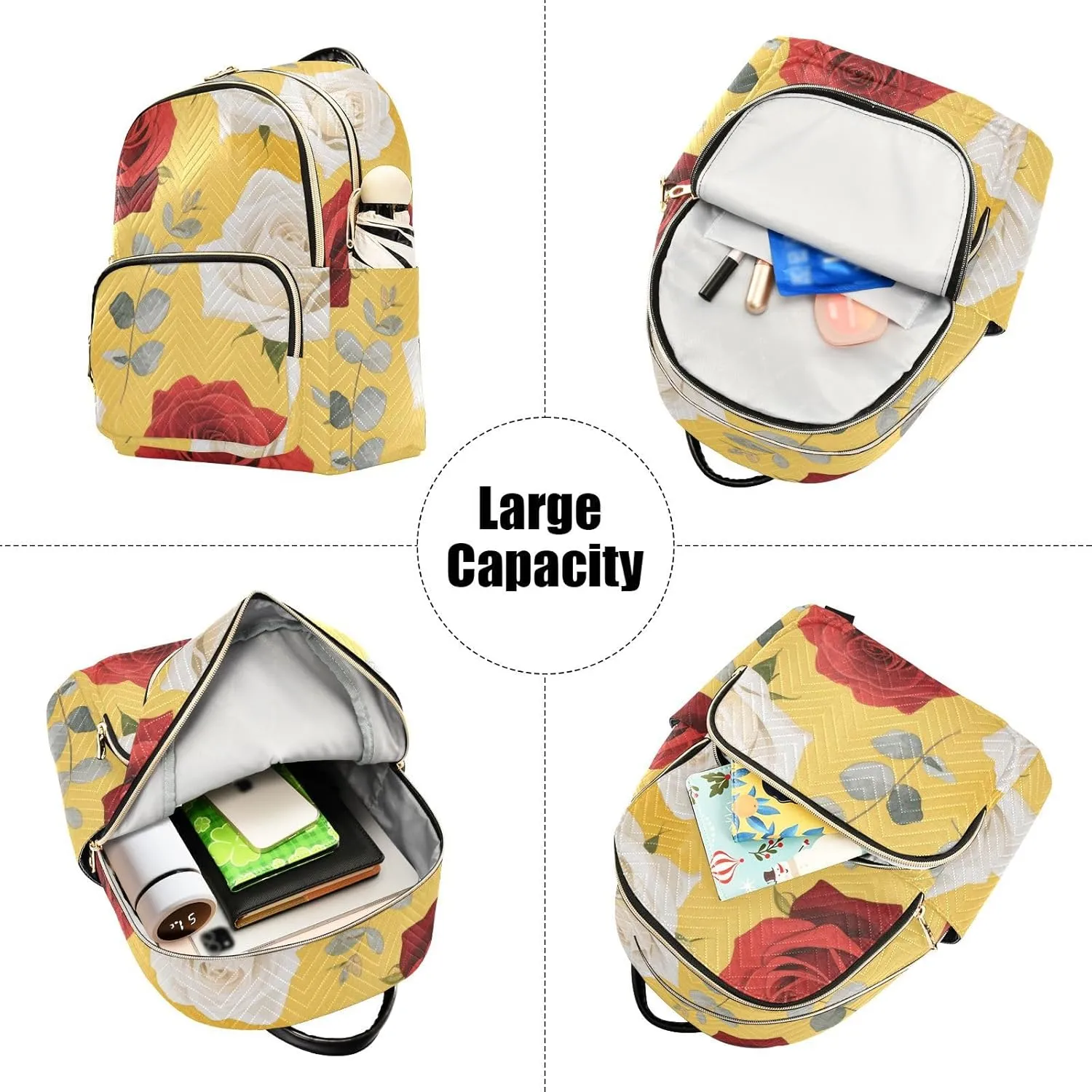 Mini Backpack Quilted Purse for Womens Small Backpack Daypack Rose Pattern for Travel Daily Work,Multi1