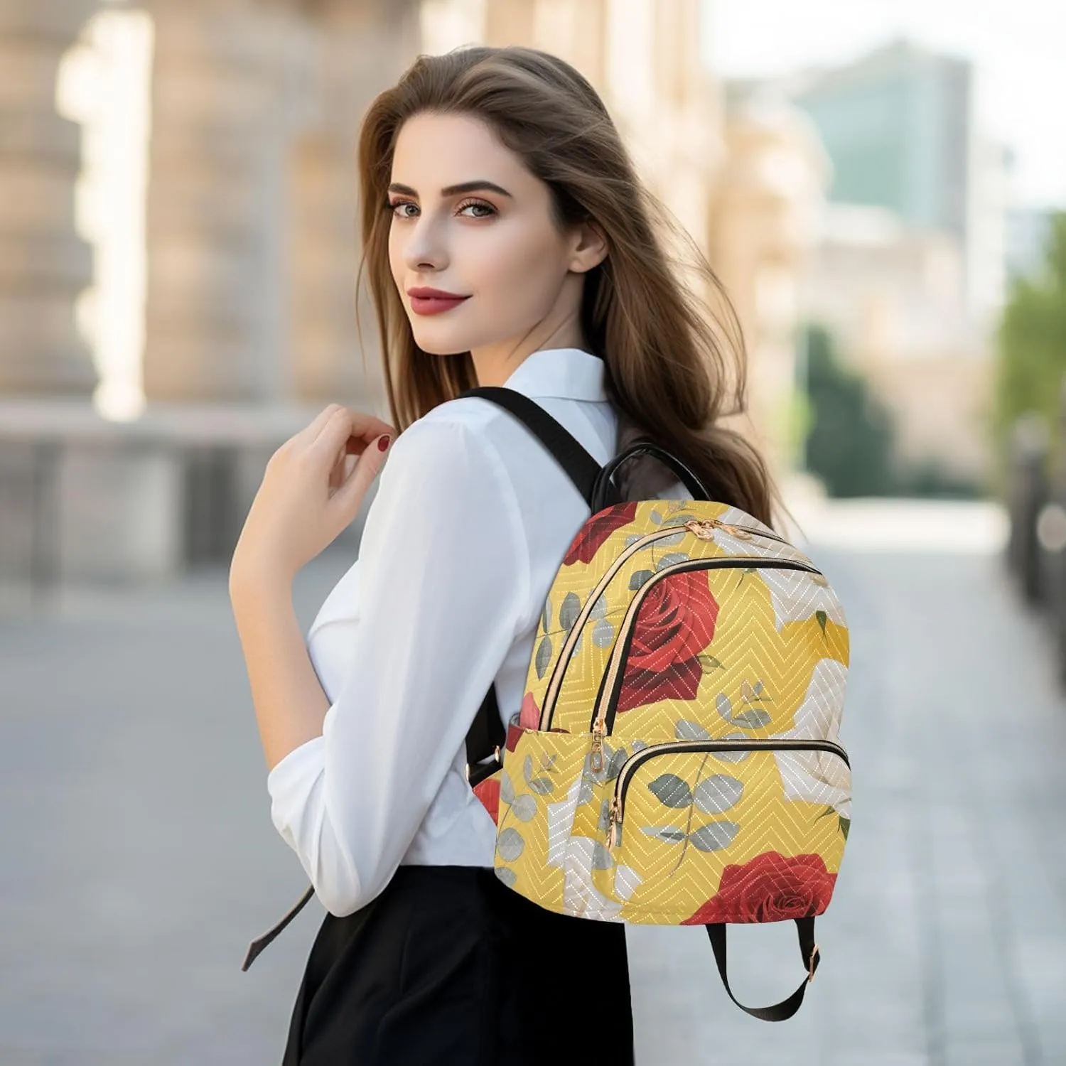 Mini Backpack Quilted Purse for Womens Small Backpack Daypack Rose Pattern for Travel Daily Work,Multi1
