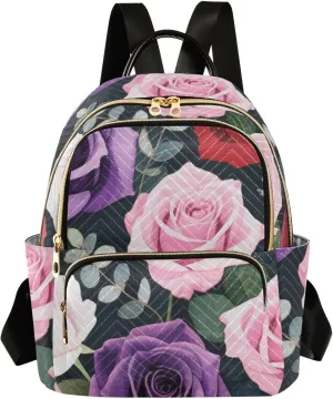 Mini Backpack Quilted Purse for Womens Small Backpack Daypack Rose Print for Travel Daily Camping,Multi10