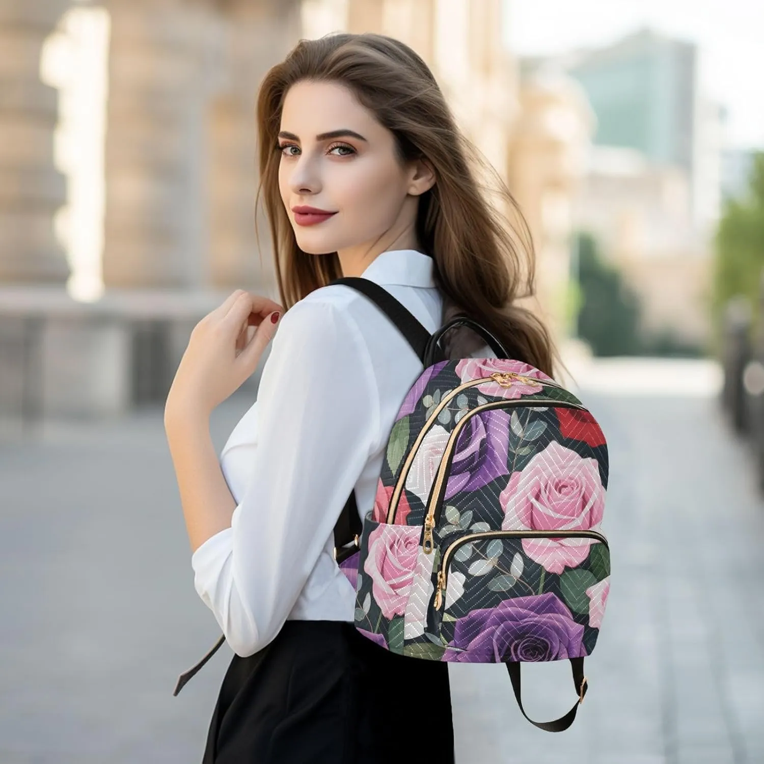 Mini Backpack Quilted Purse for Womens Small Backpack Daypack Rose Print for Travel Daily Camping,Multi10