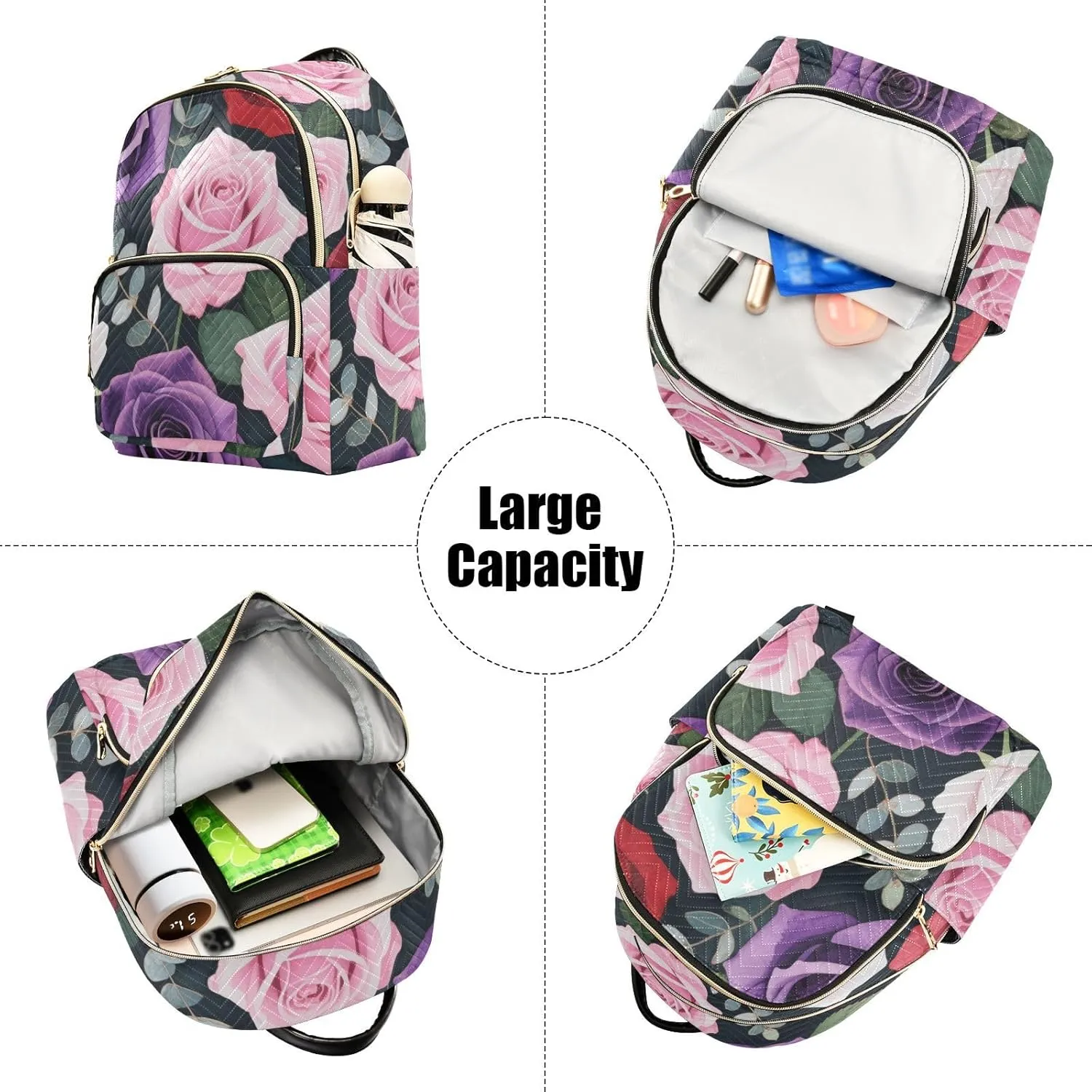 Mini Backpack Quilted Purse for Womens Small Backpack Daypack Rose Print for Travel Daily Camping,Multi10