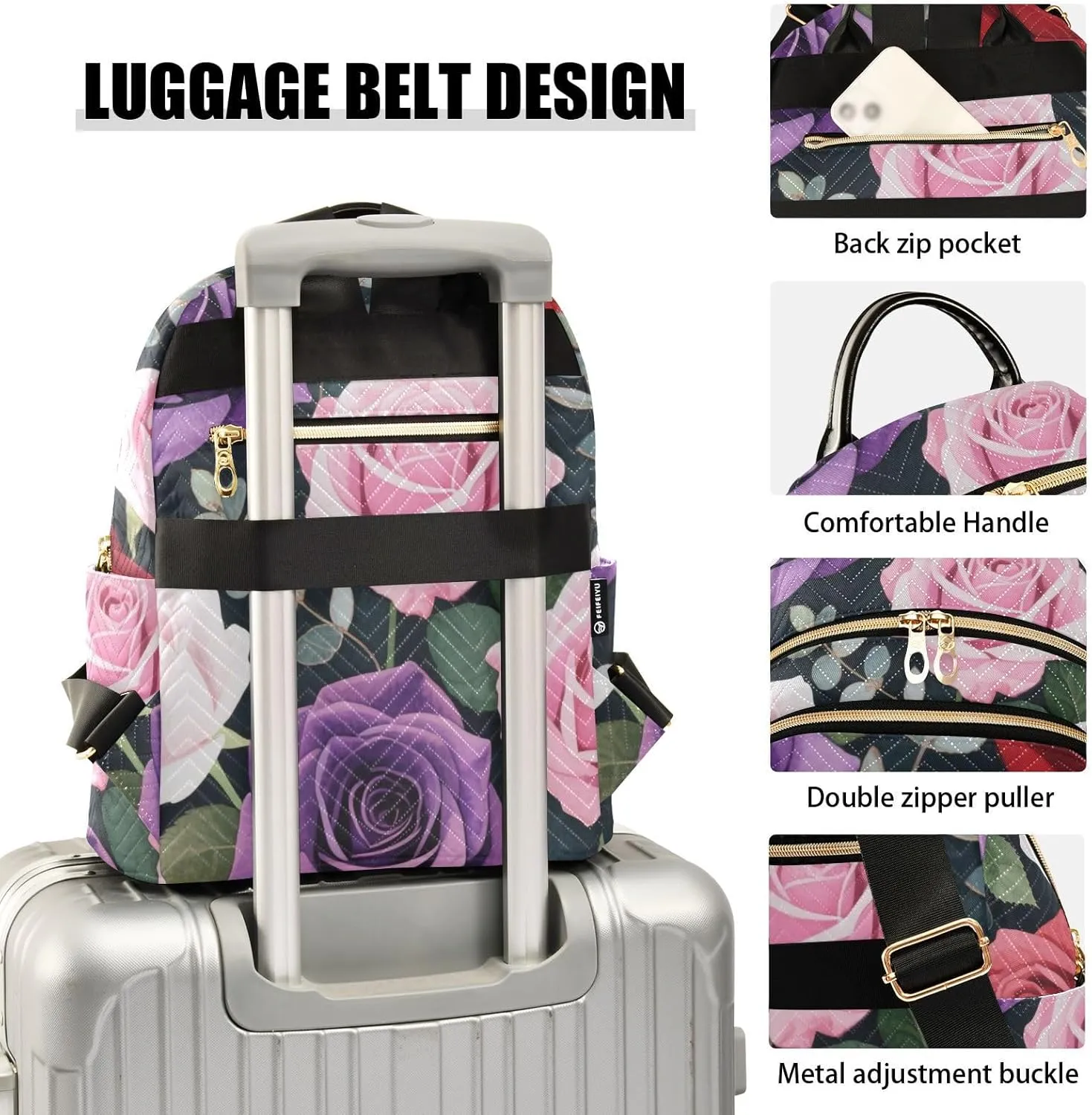 Mini Backpack Quilted Purse for Womens Small Backpack Daypack Rose Print for Travel Daily Camping,Multi10
