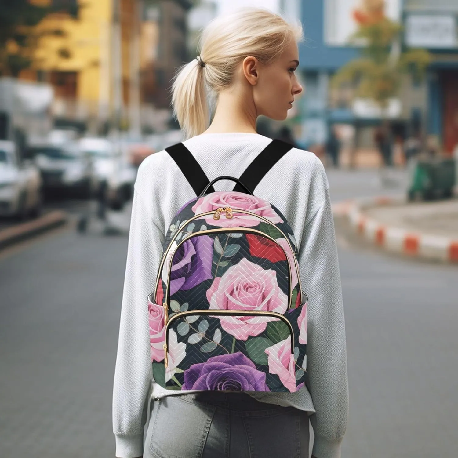 Mini Backpack Quilted Purse for Womens Small Backpack Daypack Rose Print for Travel Daily Camping,Multi10