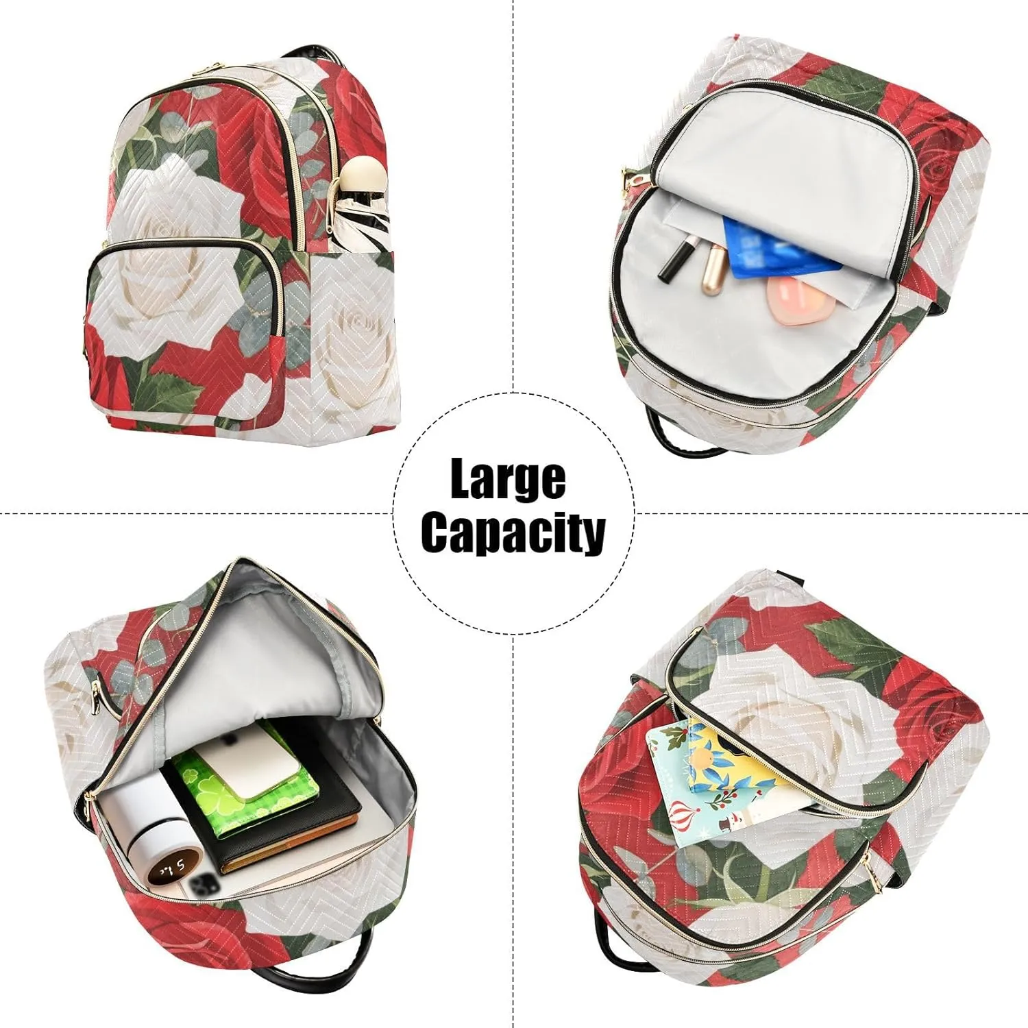 Mini Backpack Quilted Purse for Womens Small Backpack Daypack Rose Print for Travel Daily Work,Multi12