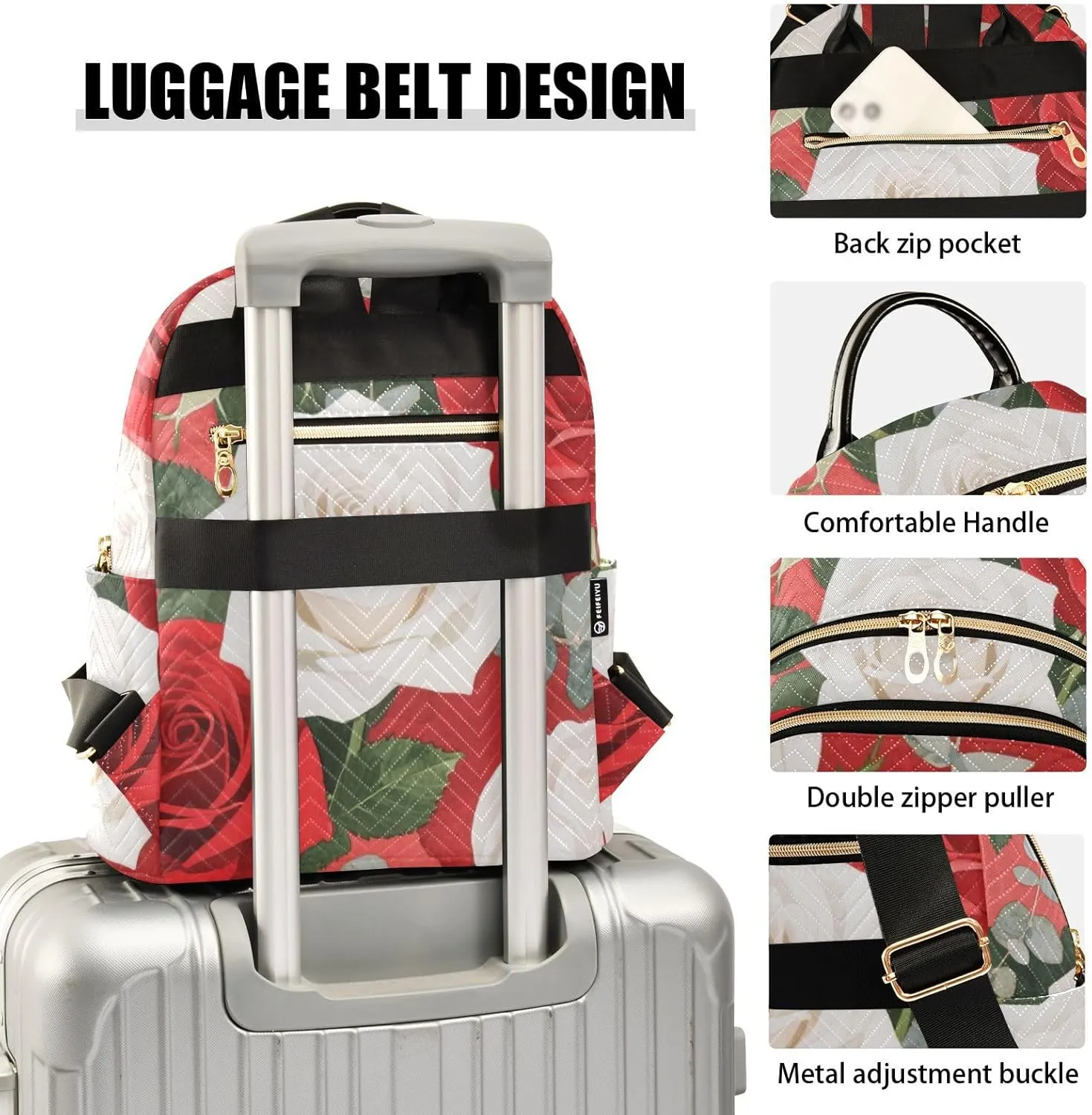 Mini Backpack Quilted Purse for Womens Small Backpack Daypack Rose Print for Travel Daily Work,Multi12