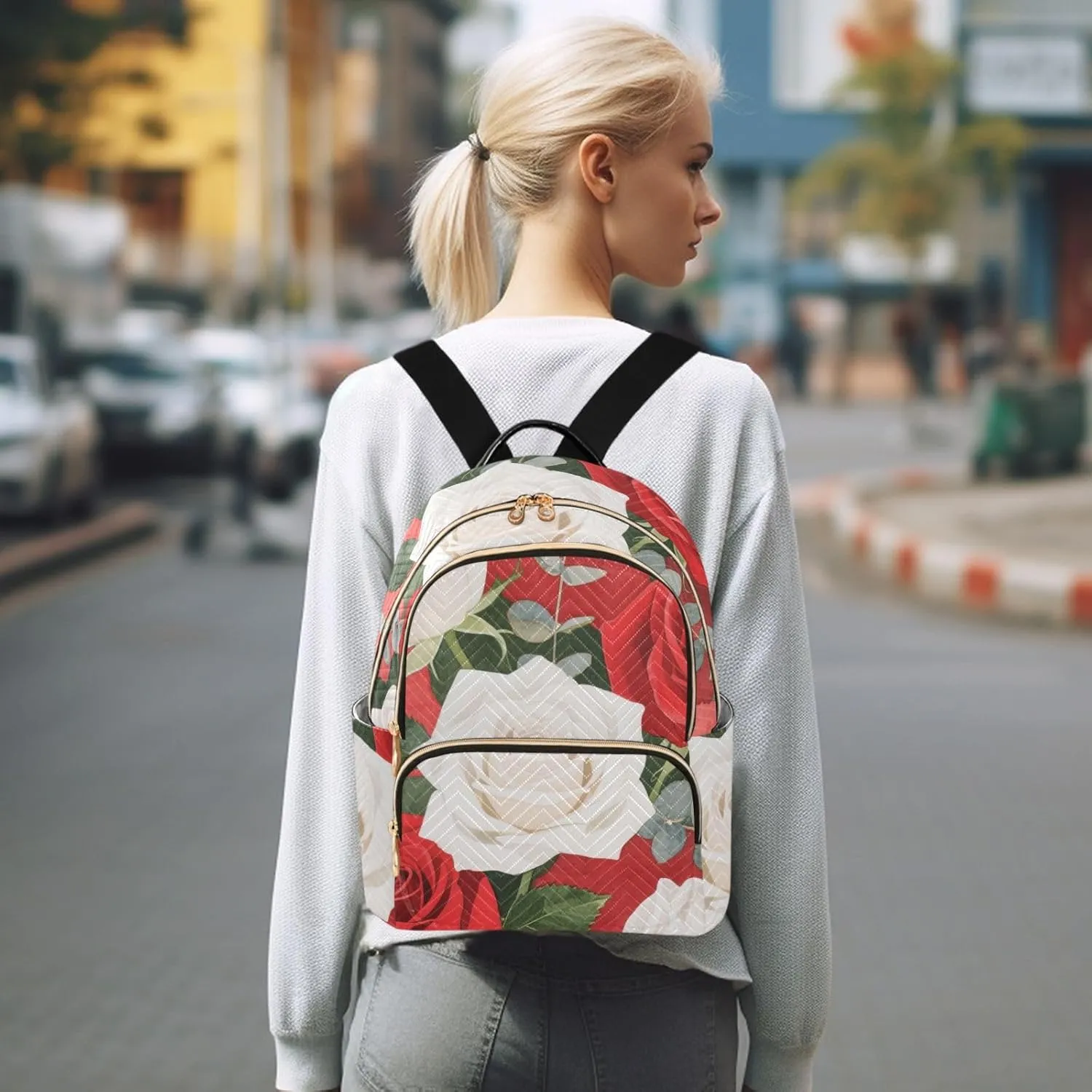 Mini Backpack Quilted Purse for Womens Small Backpack Daypack Rose Print for Travel Daily Work,Multi12