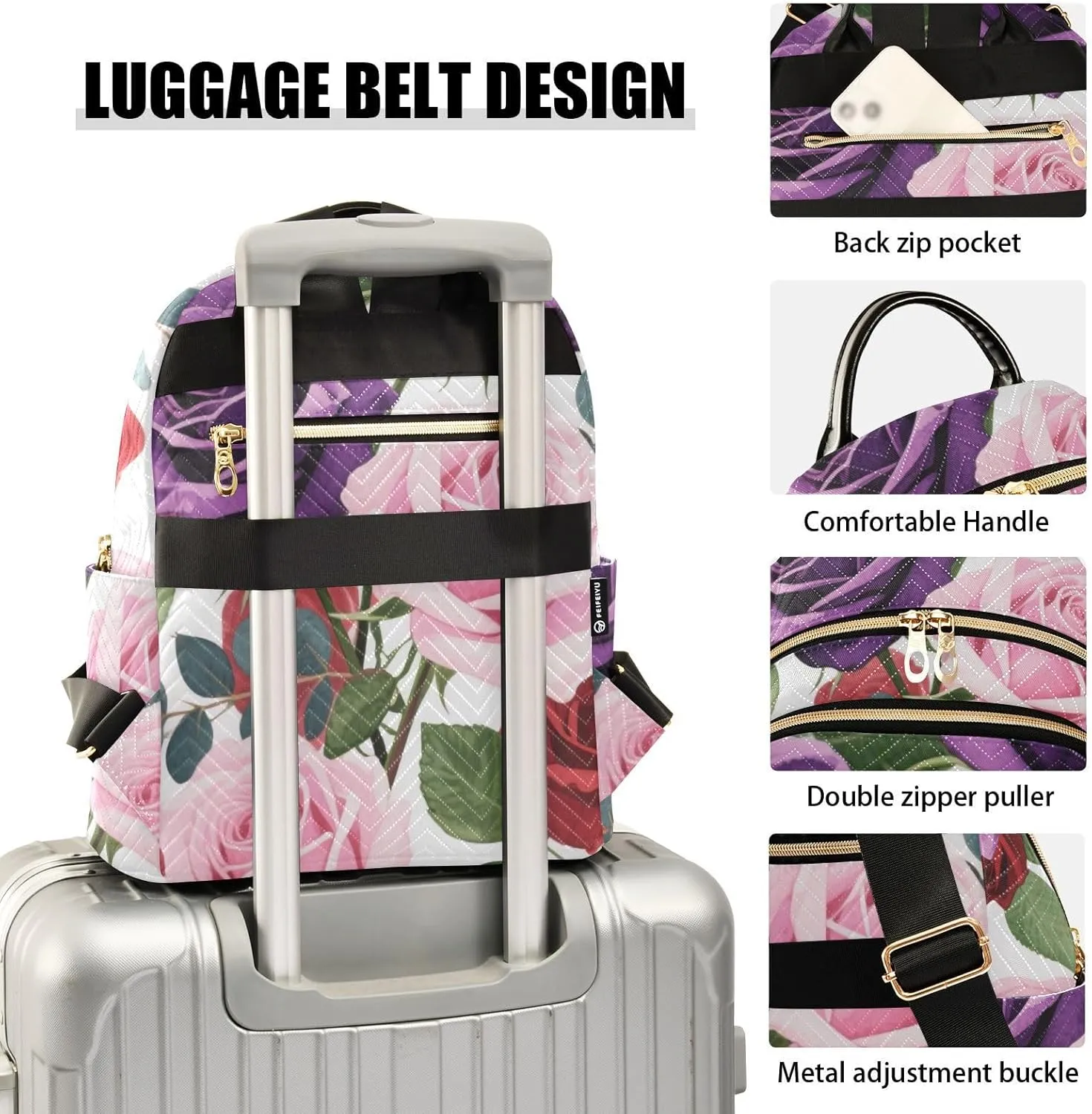 Mini Backpack Quilted Purse for Womens Small Backpack Daypack Rose Print for Travel Daily Work,Multi2