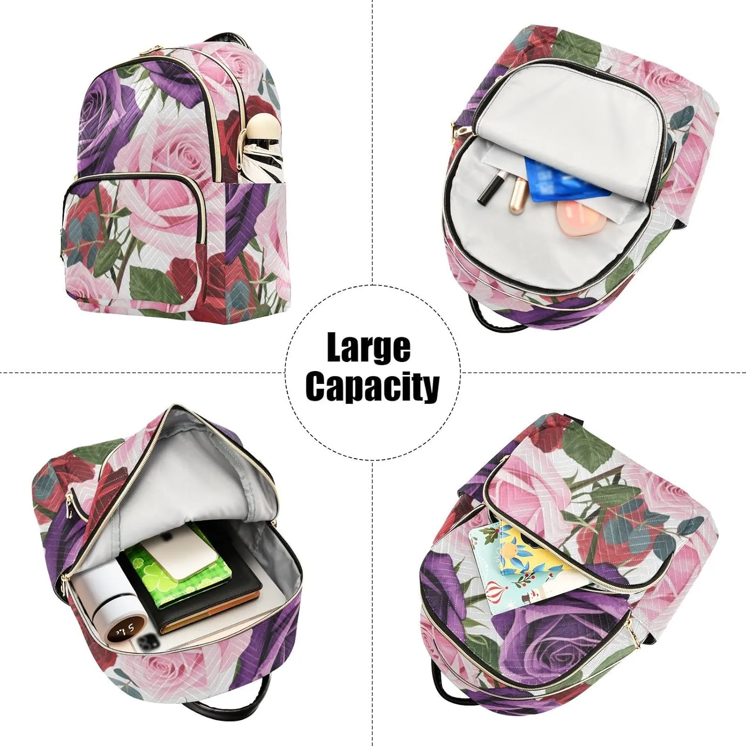 Mini Backpack Quilted Purse for Womens Small Backpack Daypack Rose Print for Travel Daily Work,Multi2