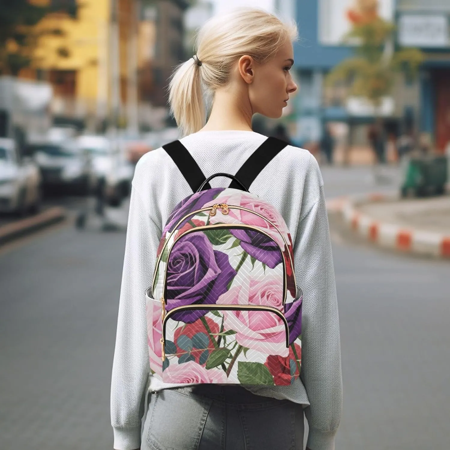 Mini Backpack Quilted Purse for Womens Small Backpack Daypack Rose Print for Travel Daily Work,Multi2