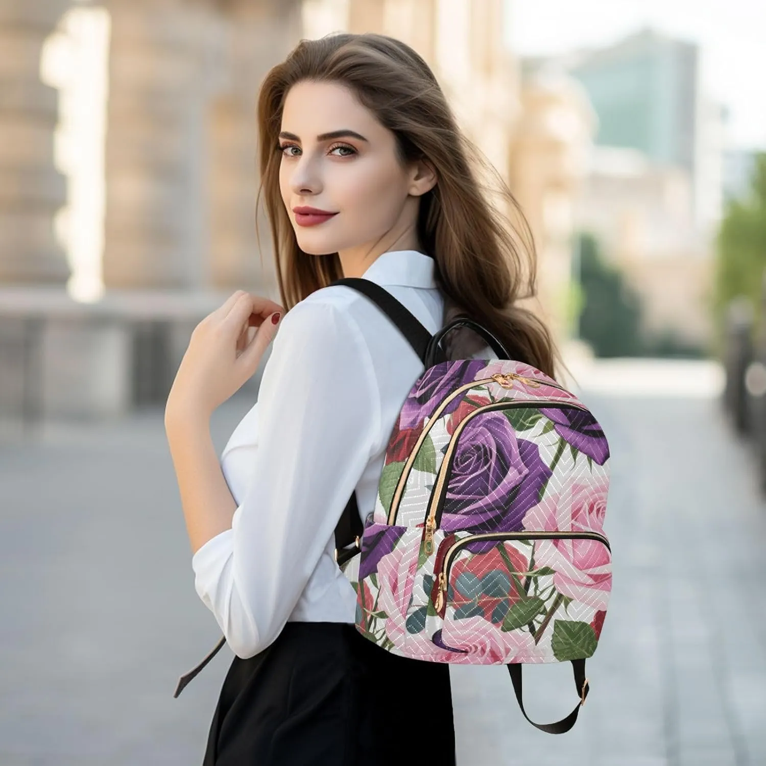 Mini Backpack Quilted Purse for Womens Small Backpack Daypack Rose Print for Travel Daily Work,Multi2