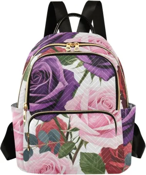 Mini Backpack Quilted Purse for Womens Small Backpack Daypack Rose Print for Travel Daily Work,Multi2