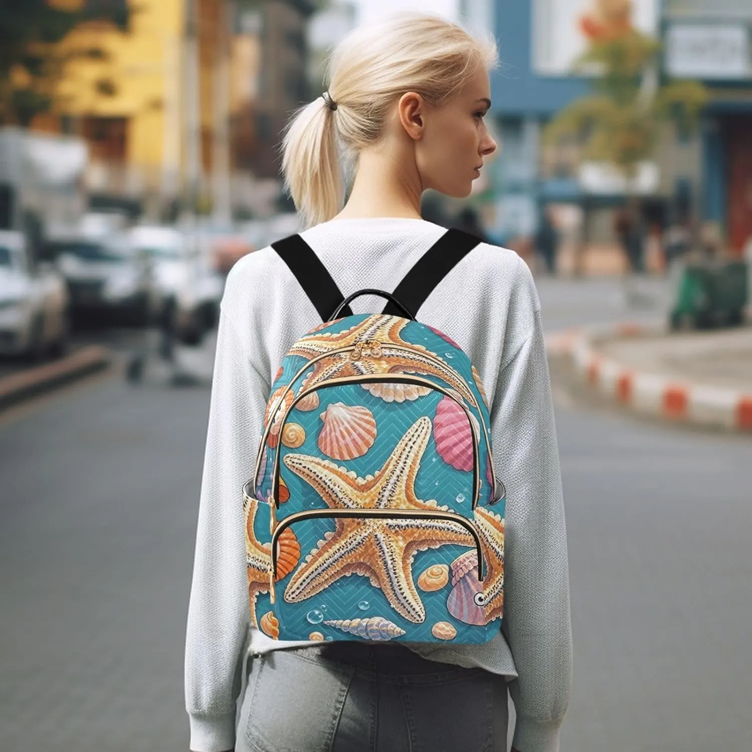 Mini Backpack Quilted Purse for Womens Small Backpack Daypack Starfish Pattern for Travel Daily Camping,Multi11