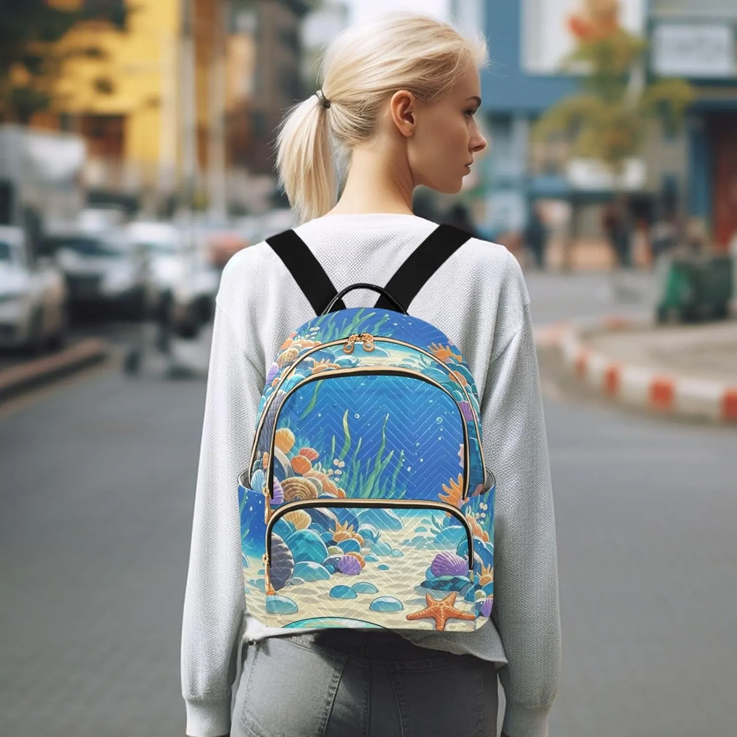 Mini Backpack Quilted Purse for Womens Small Backpack Daypack Starfish Pattern for Travel Daily Camping,Multi1