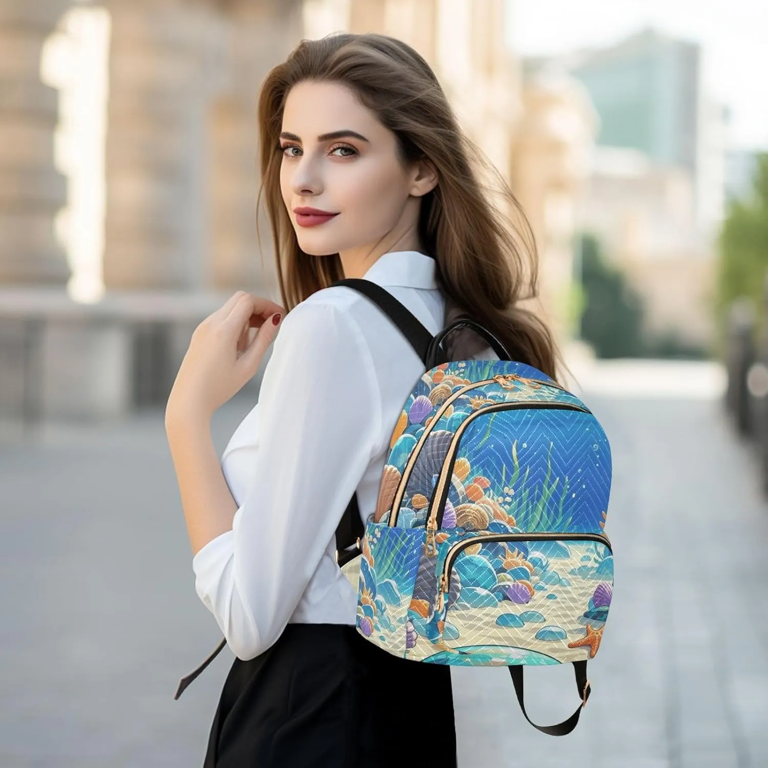 Mini Backpack Quilted Purse for Womens Small Backpack Daypack Starfish Pattern for Travel Daily Camping,Multi1