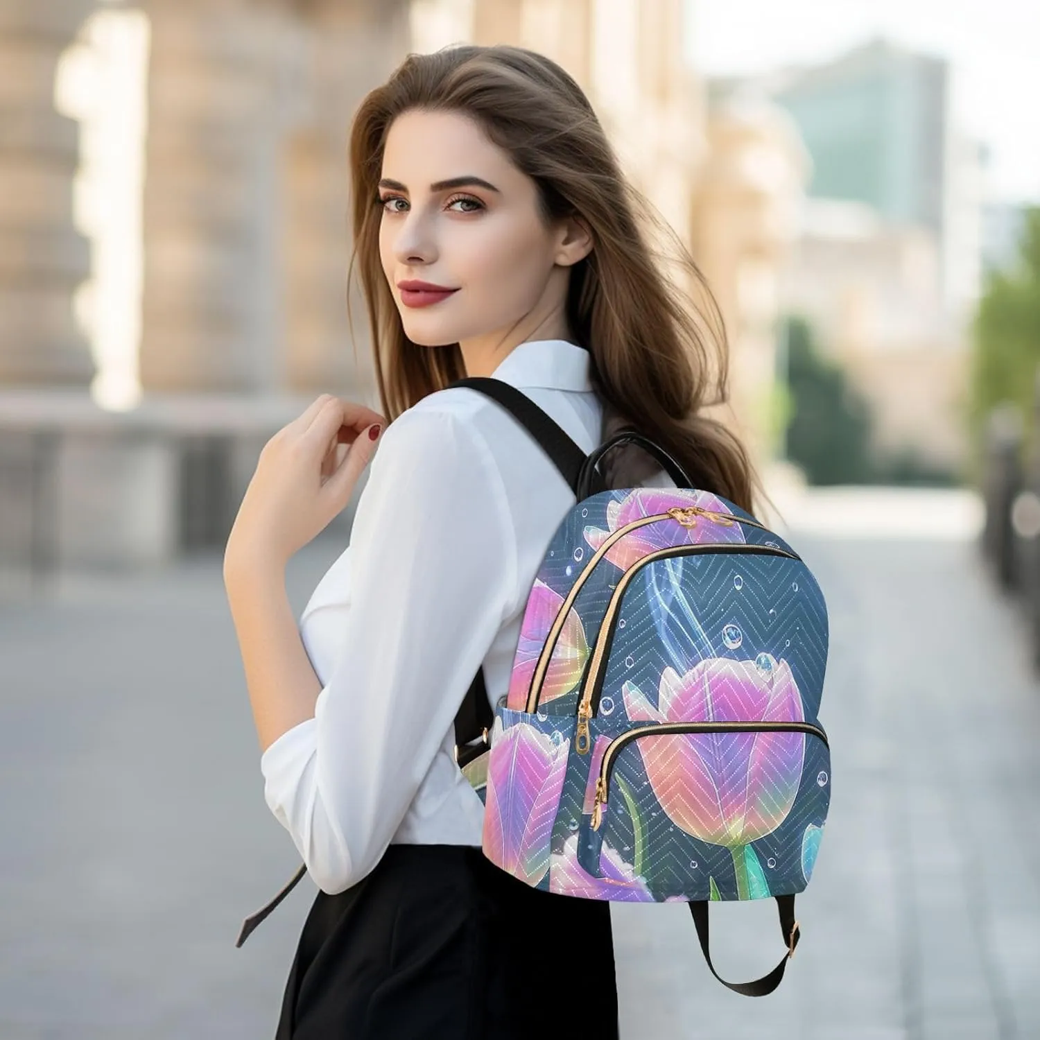 Mini Backpack Quilted Purse for Womens Small Backpack Daypack Tulips Design for Travel Daily Office,Multi1