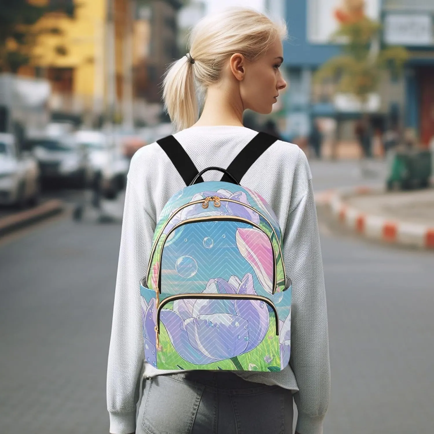 Mini Backpack Quilted Purse for Womens Small Backpack Daypack Tulips Design for Travel Daily Work,Multi12