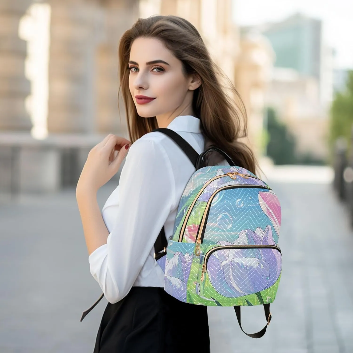Mini Backpack Quilted Purse for Womens Small Backpack Daypack Tulips Design for Travel Daily Work,Multi12