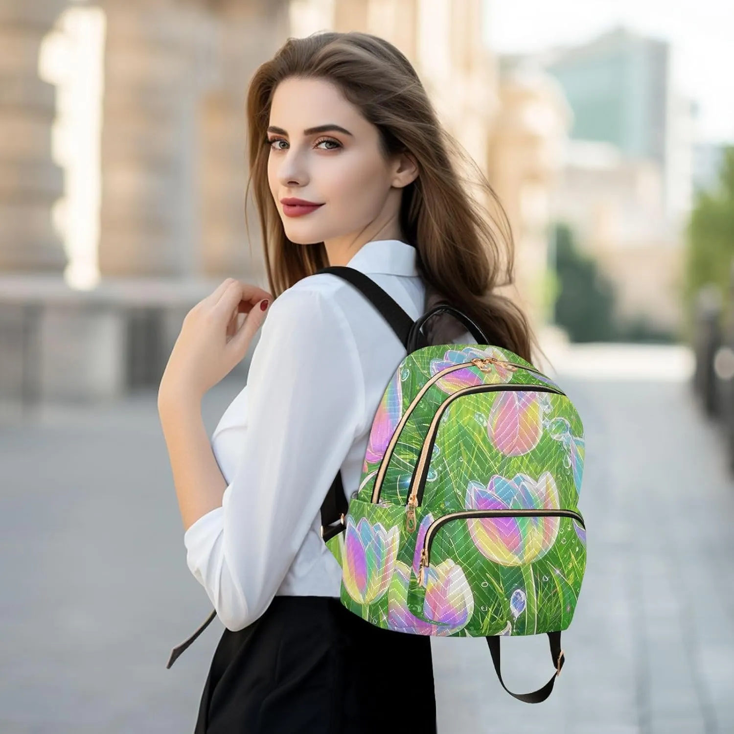 Mini Backpack Quilted Purse for Womens Small Backpack Daypack Tulips Pattern for Travel Daily Office,Multi12