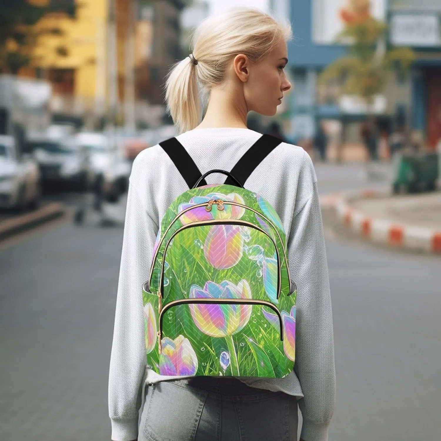 Mini Backpack Quilted Purse for Womens Small Backpack Daypack Tulips Pattern for Travel Daily Office,Multi12
