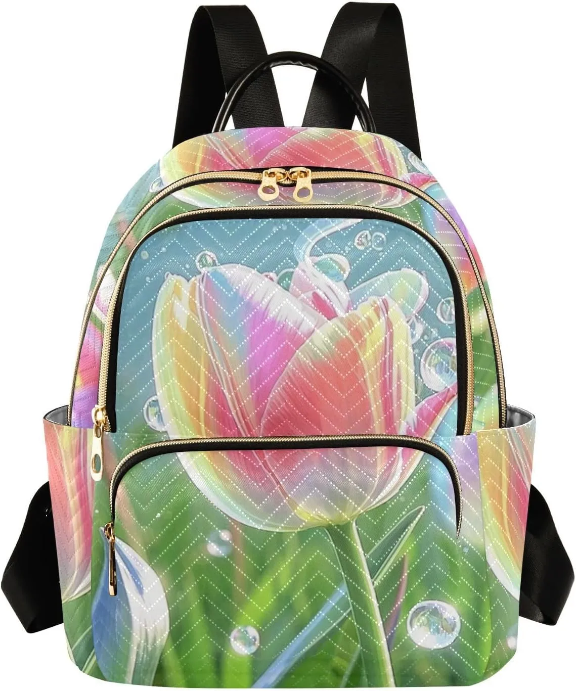 Mini Backpack Quilted Purse for Womens Small Backpack Daypack Tulips Pattern for Travel Daily Work,Multi10
