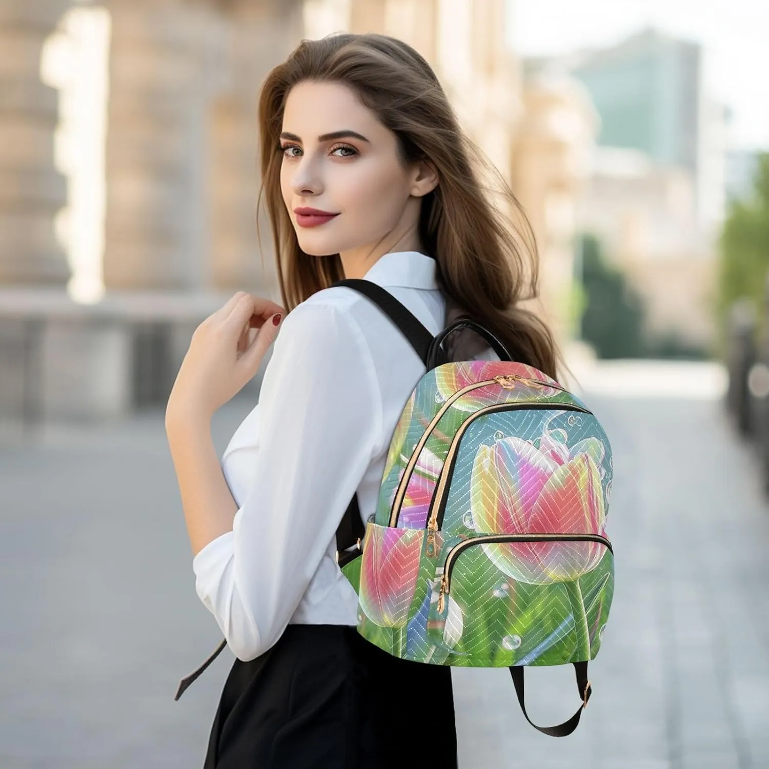 Mini Backpack Quilted Purse for Womens Small Backpack Daypack Tulips Pattern for Travel Daily Work,Multi10