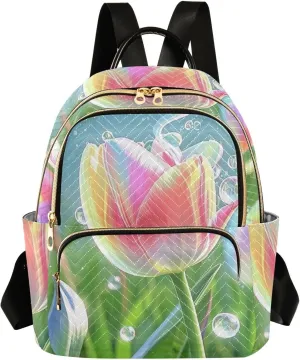 Mini Backpack Quilted Purse for Womens Small Backpack Daypack Tulips Pattern for Travel Daily Work,Multi10