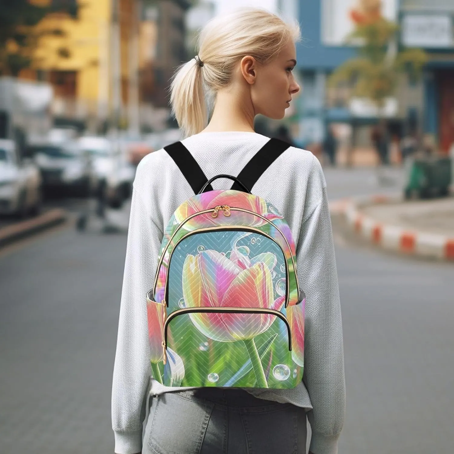 Mini Backpack Quilted Purse for Womens Small Backpack Daypack Tulips Pattern for Travel Daily Work,Multi10