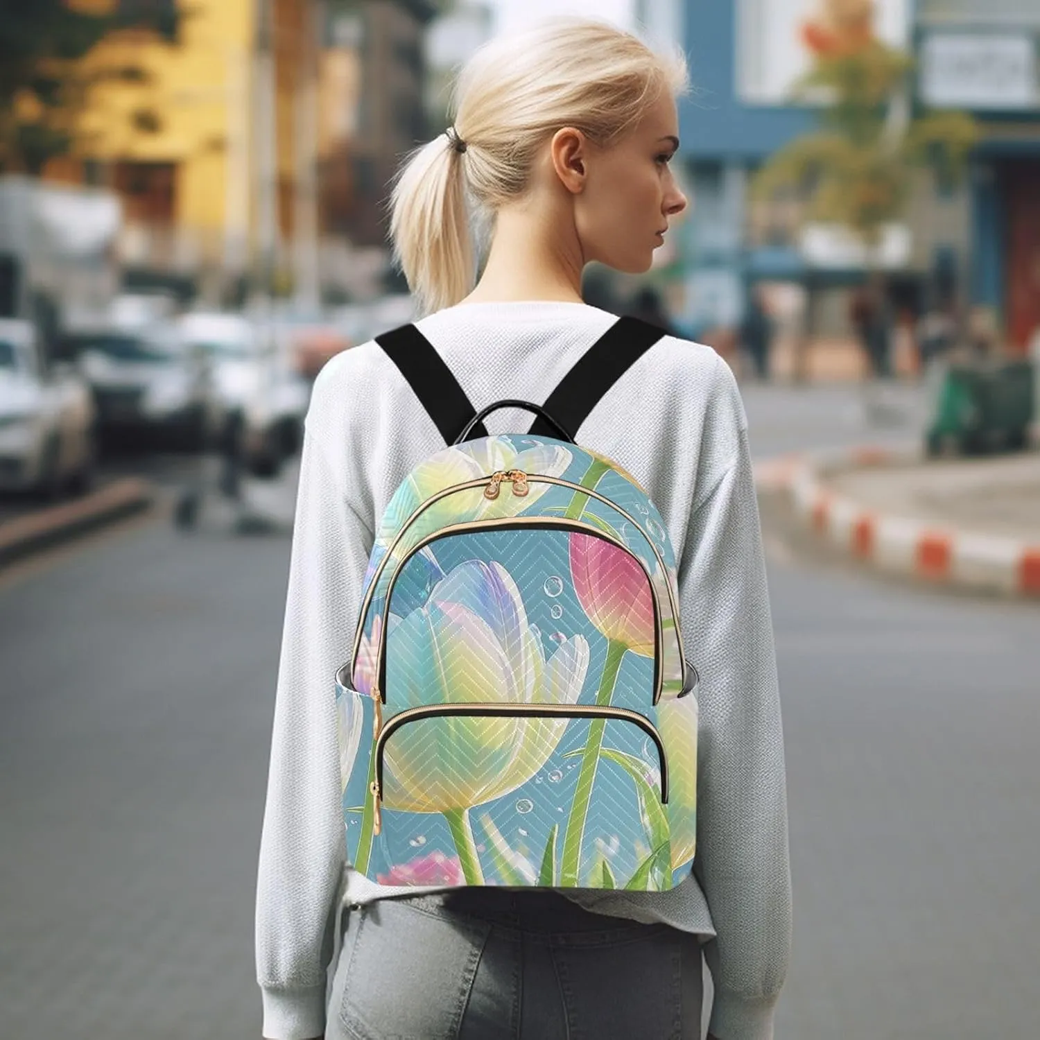 Mini Backpack Quilted Purse for Womens Small Backpack Daypack Tulips Pattern for Travel Daily Work,Multi1