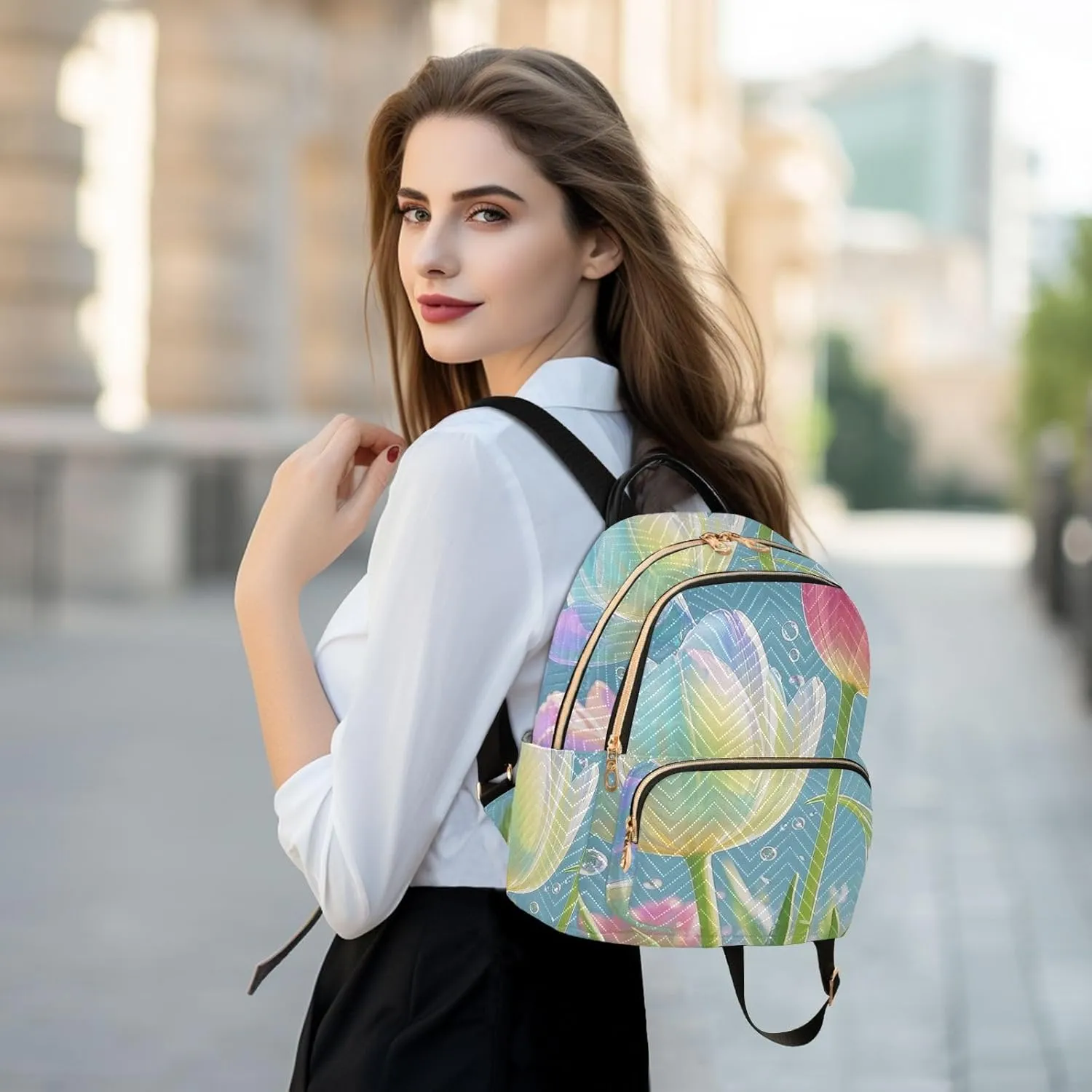 Mini Backpack Quilted Purse for Womens Small Backpack Daypack Tulips Pattern for Travel Daily Work,Multi1