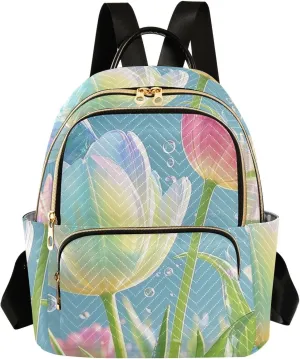 Mini Backpack Quilted Purse for Womens Small Backpack Daypack Tulips Pattern for Travel Daily Work,Multi1