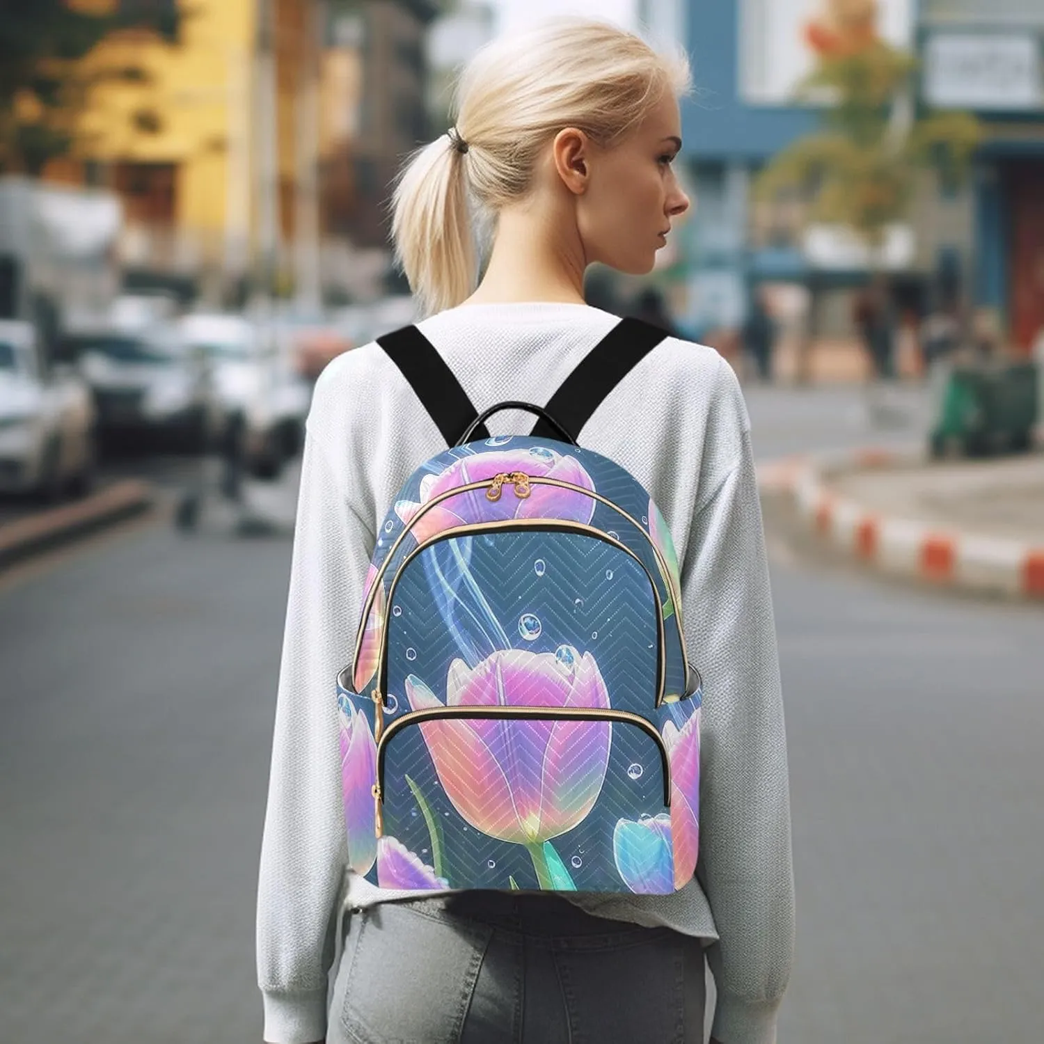 Mini Backpack Quilted Purse for Womens Small Backpack Daypack Tulips Print for Travel Daily Office,Multi12