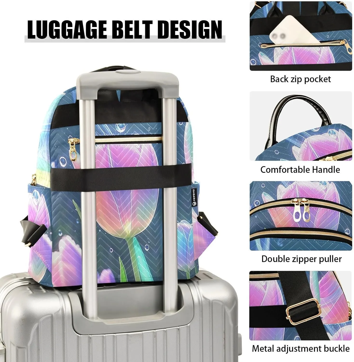 Mini Backpack Quilted Purse for Womens Small Backpack Daypack Tulips Print for Travel Daily Office,Multi12
