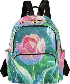Mini Backpack Quilted Purse for Womens Small Backpack Daypack Tulips Print for Travel Daily Office,Multi2
