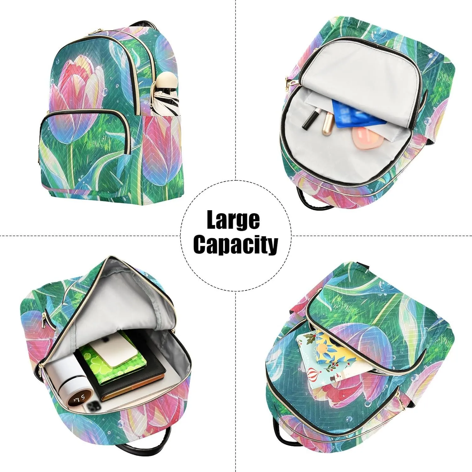 Mini Backpack Quilted Purse for Womens Small Backpack Daypack Tulips Print for Travel Daily Office,Multi2