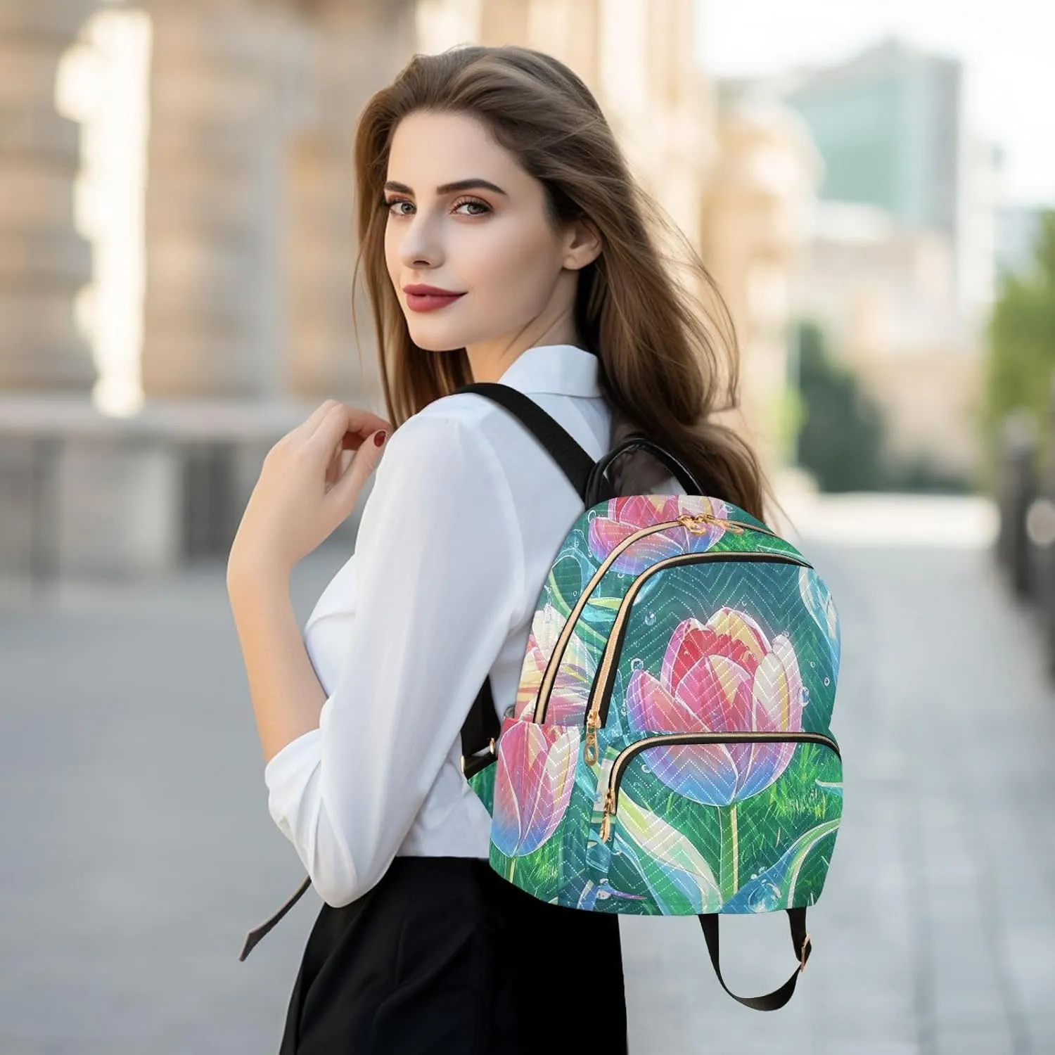Mini Backpack Quilted Purse for Womens Small Backpack Daypack Tulips Print for Travel Daily Office,Multi2