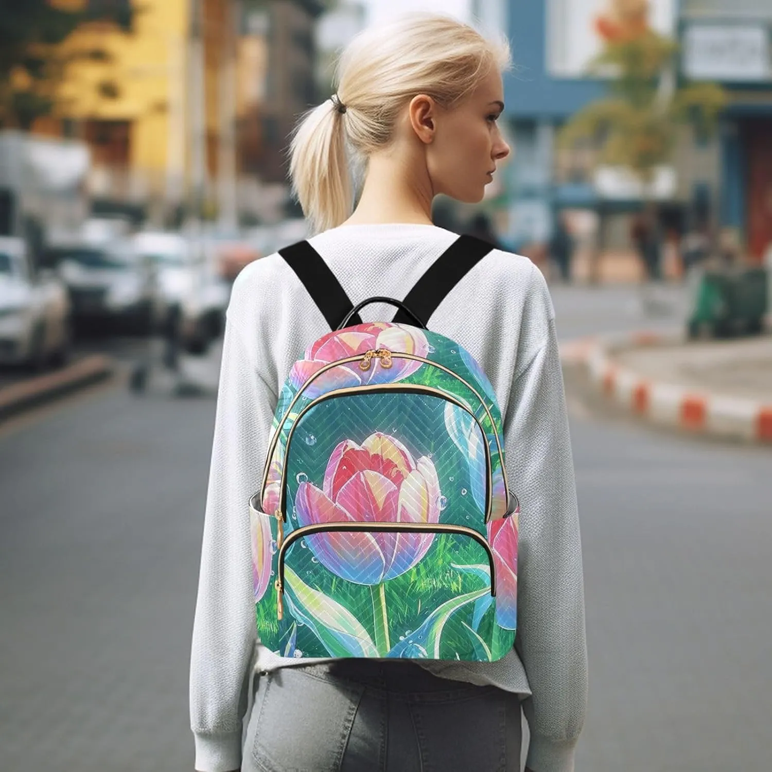 Mini Backpack Quilted Purse for Womens Small Backpack Daypack Tulips Print for Travel Daily Office,Multi2