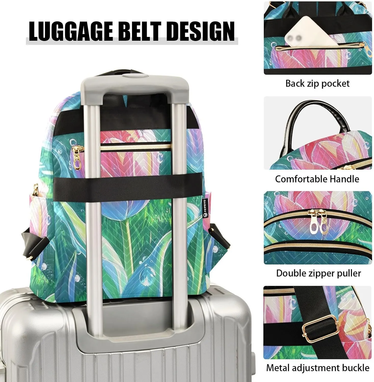 Mini Backpack Quilted Purse for Womens Small Backpack Daypack Tulips Print for Travel Daily Office,Multi2