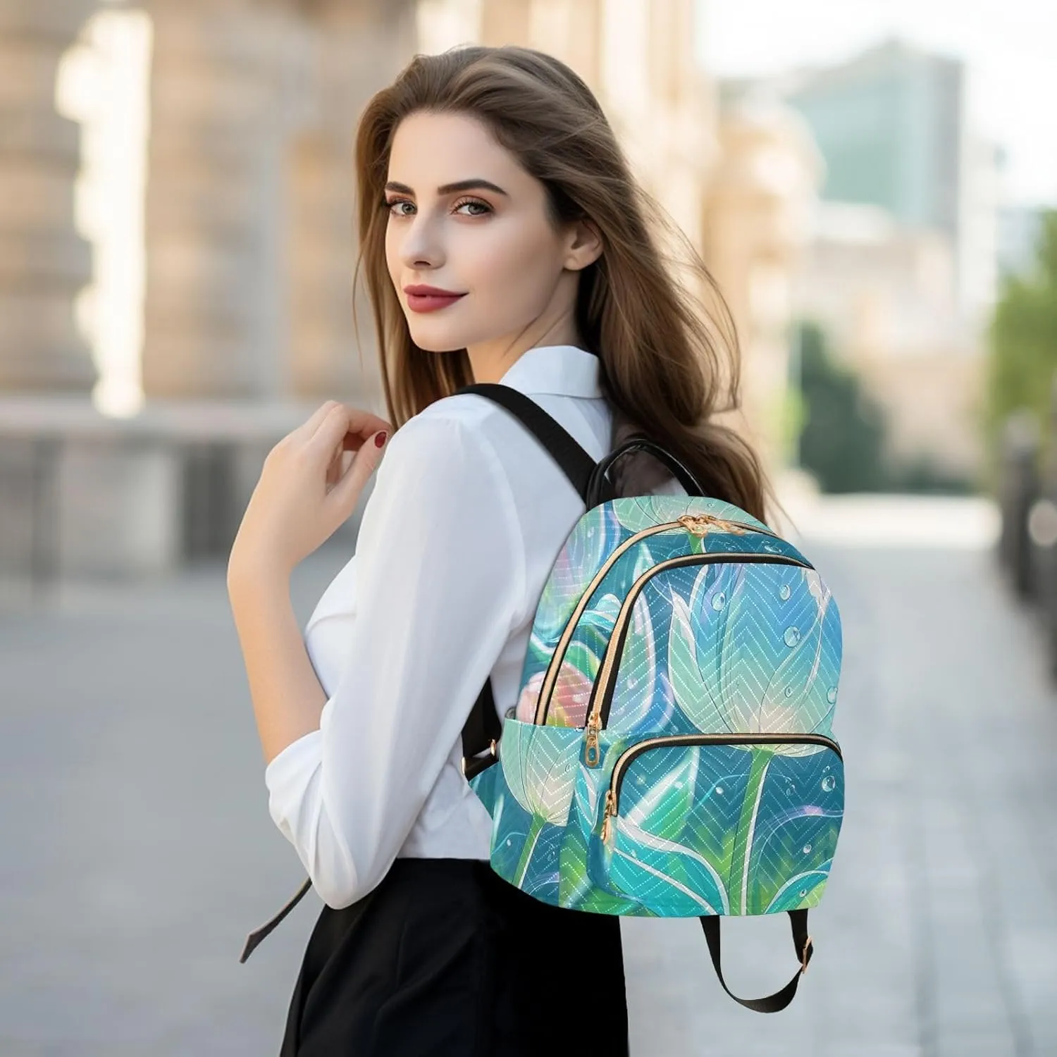 Mini Backpack Quilted Purse for Womens Small Backpack Daypack Tulips Print for Travel Daily Work,Multi11