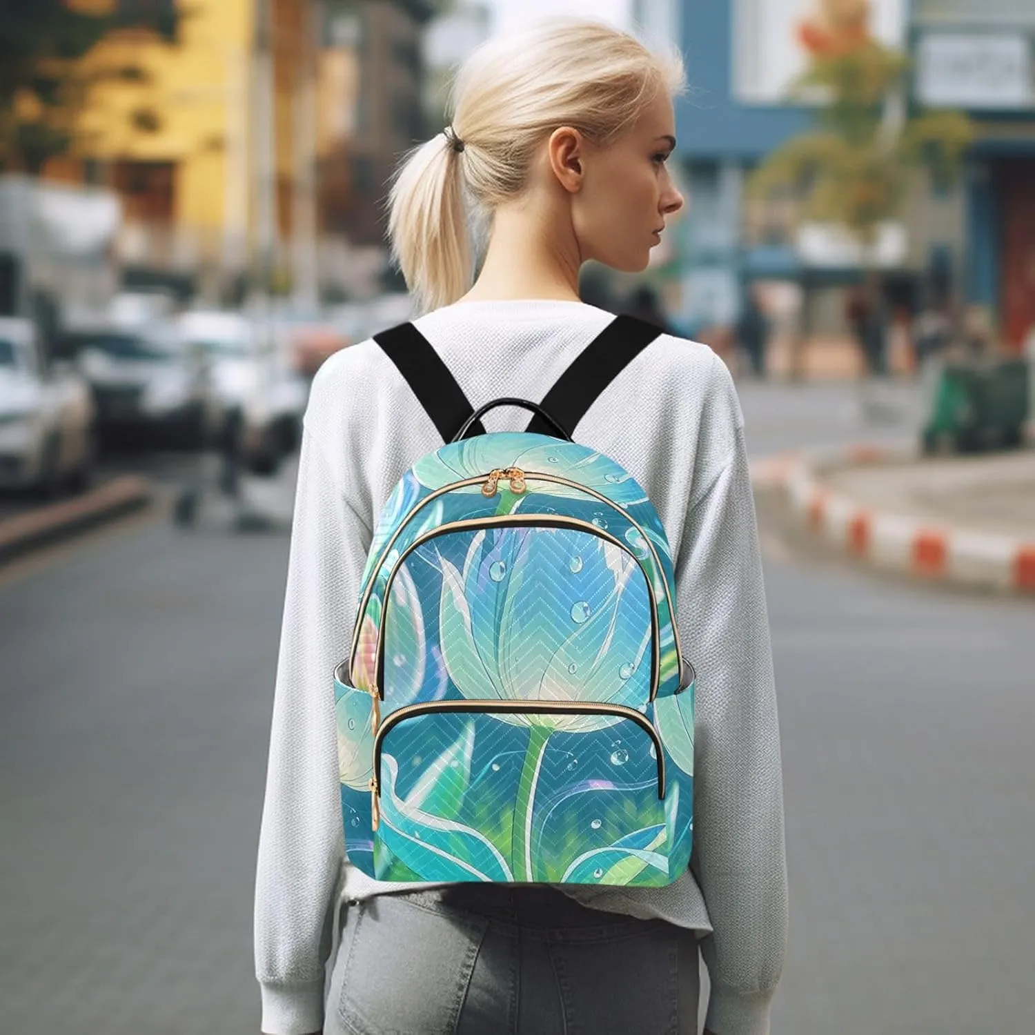 Mini Backpack Quilted Purse for Womens Small Backpack Daypack Tulips Print for Travel Daily Work,Multi11