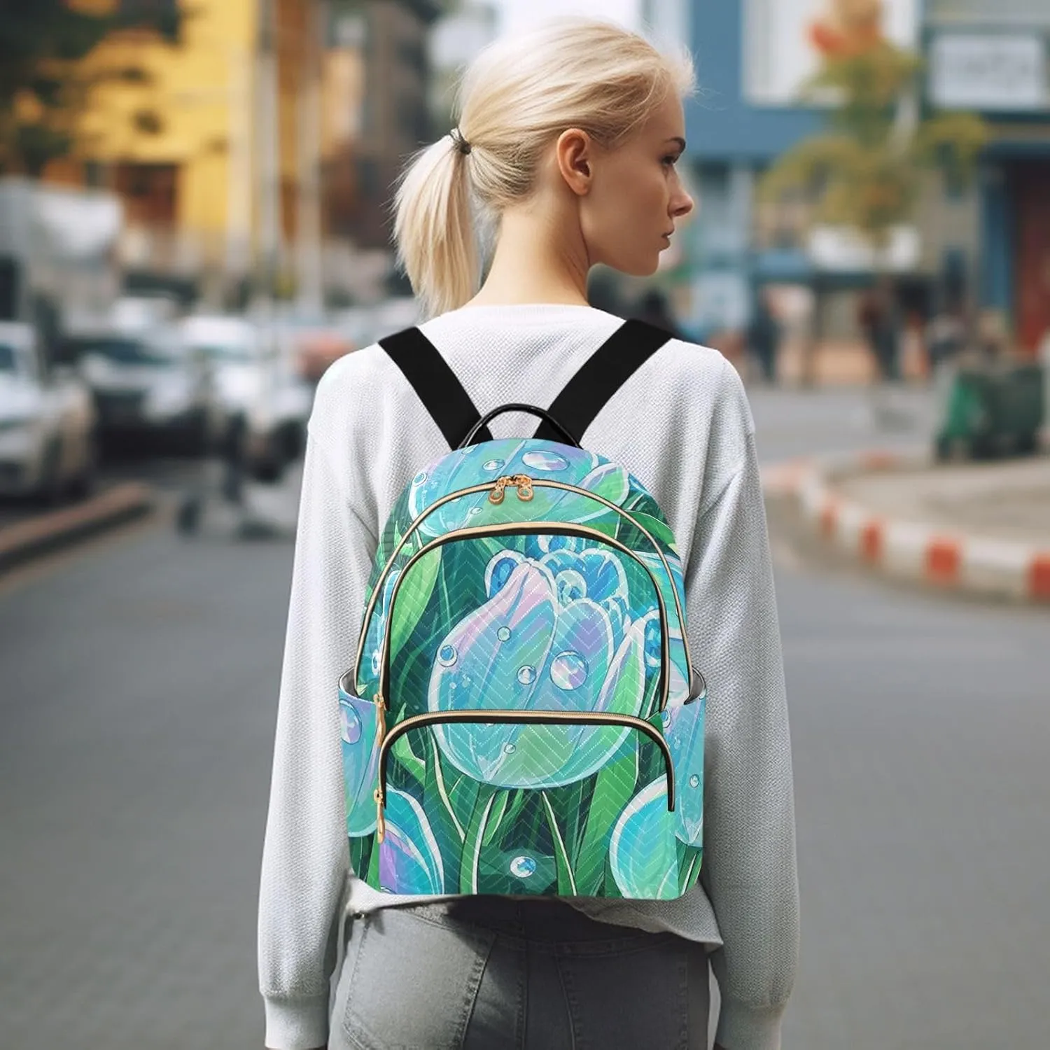 Mini Backpack Quilted Purse for Womens Small Backpack Daypack Tulips Print for Travel Daily Work,Multi12