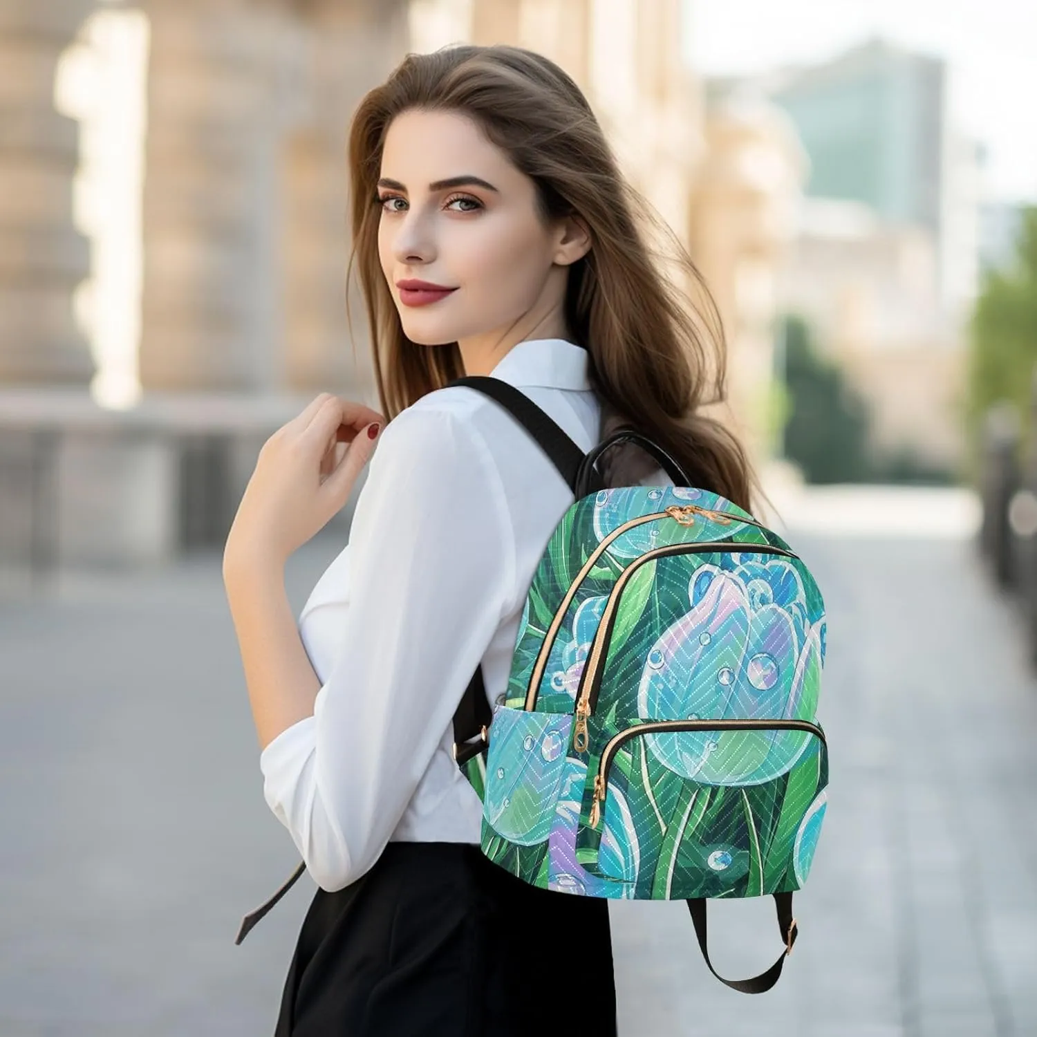 Mini Backpack Quilted Purse for Womens Small Backpack Daypack Tulips Print for Travel Daily Work,Multi12