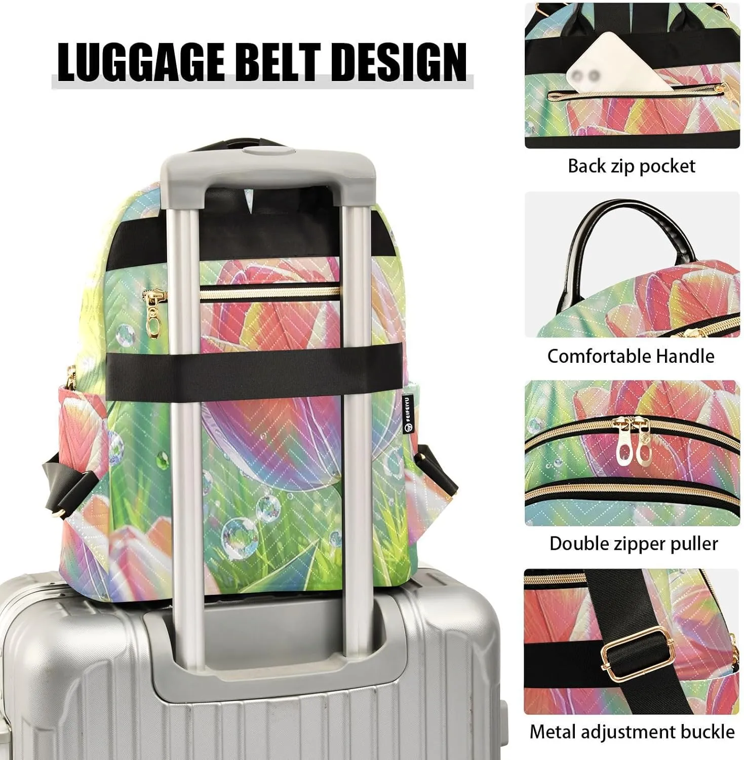 Mini Backpack Quilted Purse for Womens Small Backpack Daypack Tulips Print for Travel Daily Work,Multi3