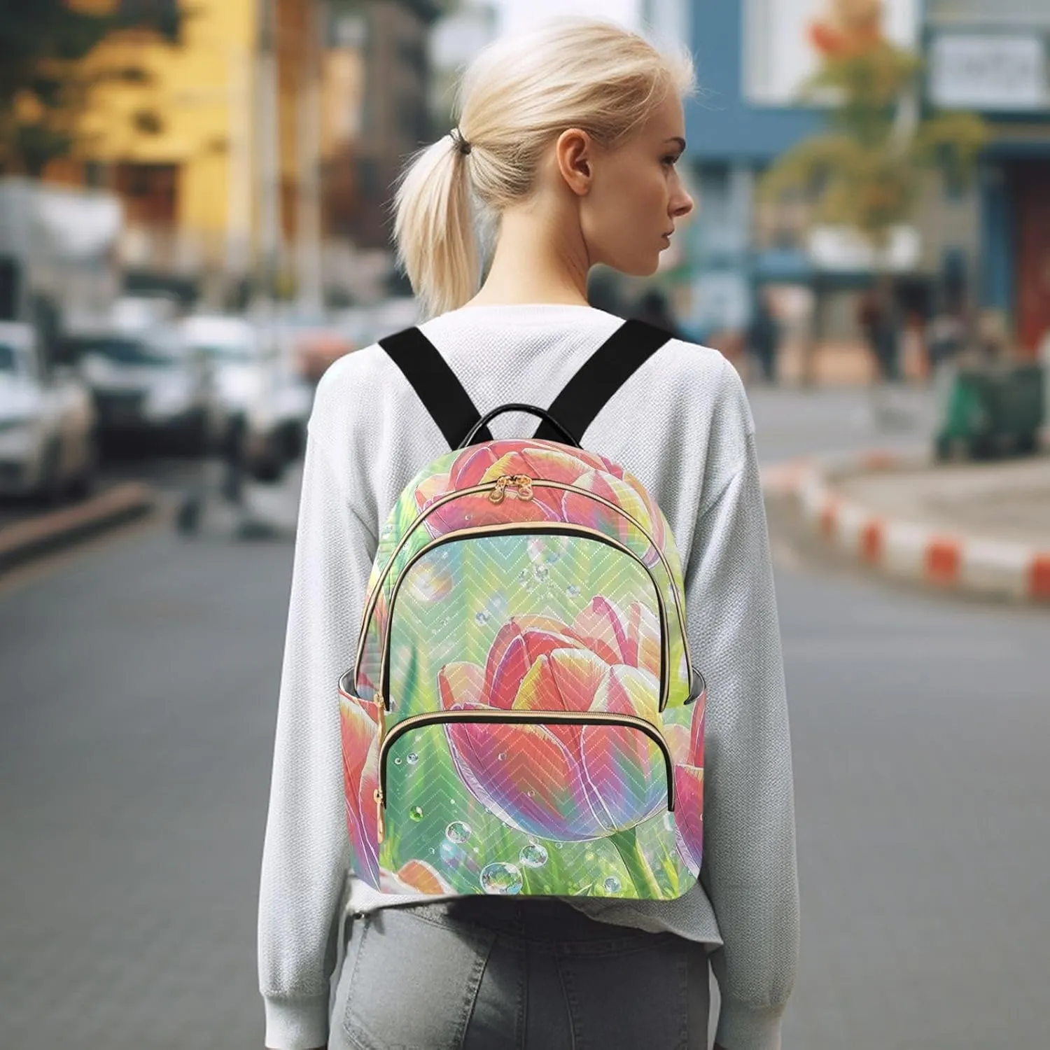 Mini Backpack Quilted Purse for Womens Small Backpack Daypack Tulips Print for Travel Daily Work,Multi3