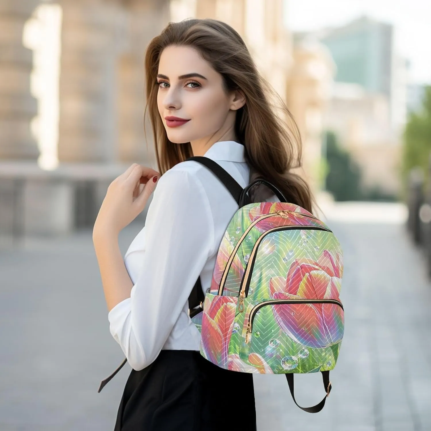 Mini Backpack Quilted Purse for Womens Small Backpack Daypack Tulips Print for Travel Daily Work,Multi3