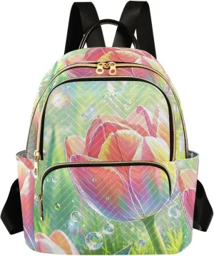Mini Backpack Quilted Purse for Womens Small Backpack Daypack Tulips Print for Travel Daily Work,Multi3